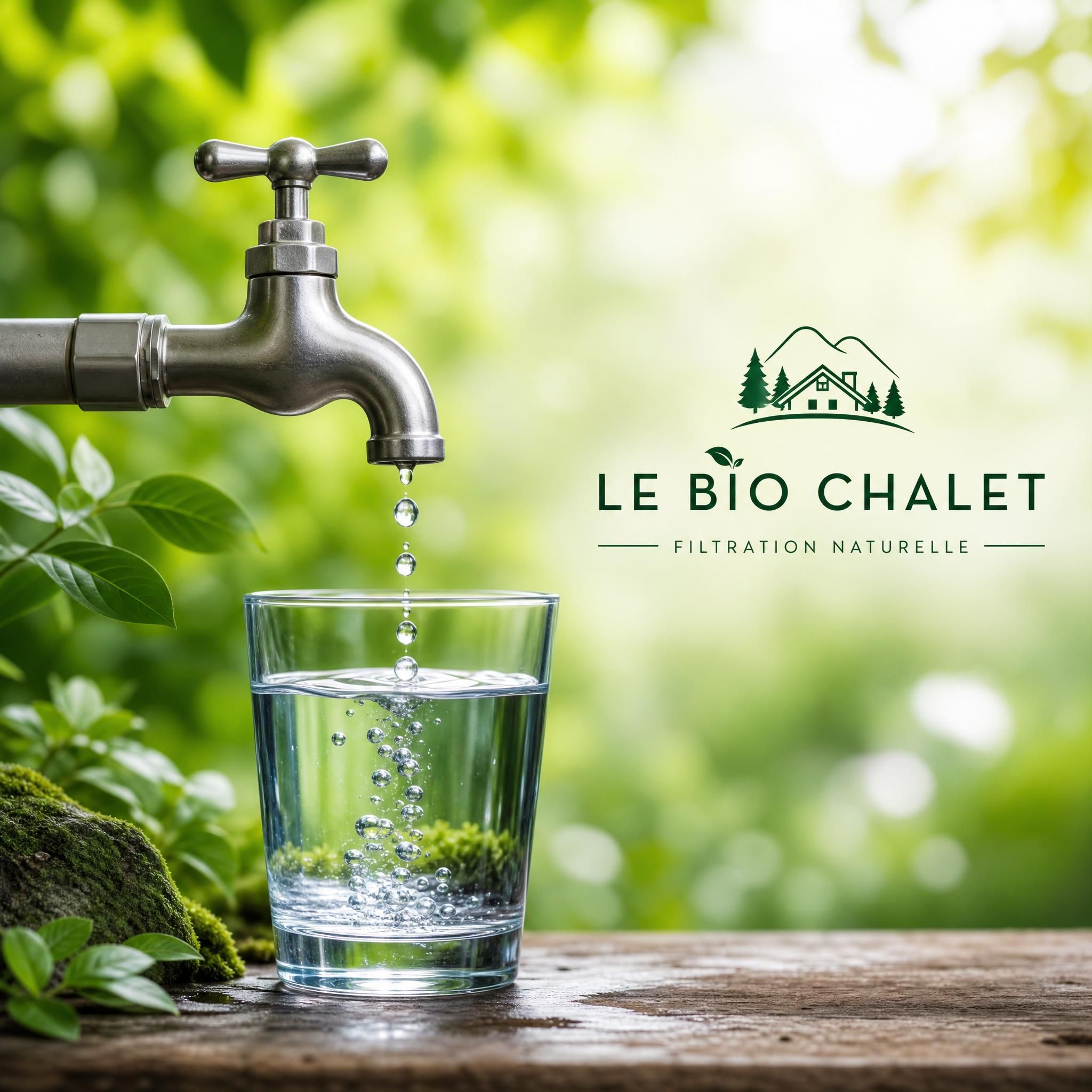 Robinet d'eau avec gouttes tombant dans un verre, fond vert nature, symbolisant la pureté de l'eau et la filtration naturelle — Le Bio Chalet