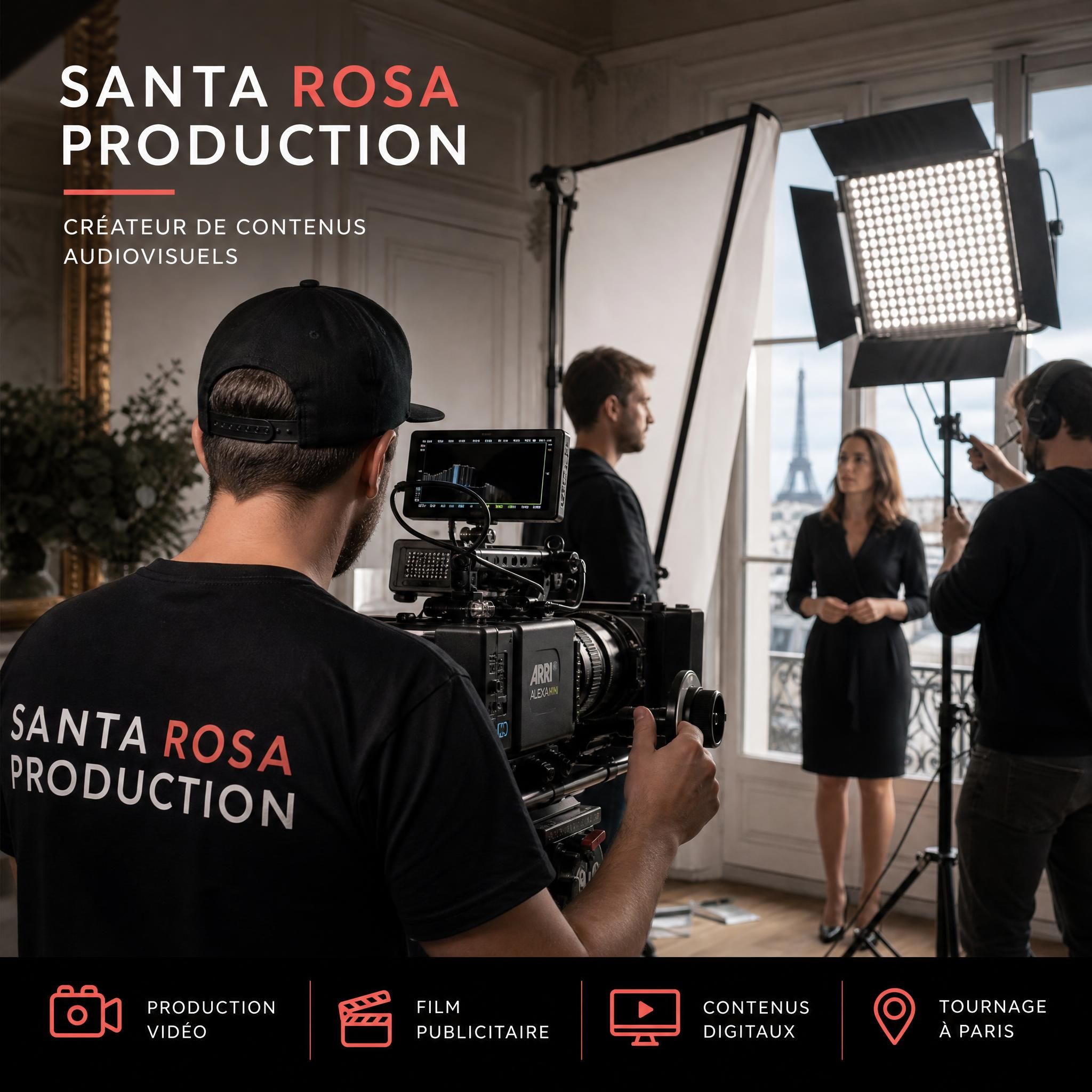 Équipe de tournage Santa Rosa Production sur un plateau cinéma à Paris, caméra Arri Alexa Mini et éclairage LED professionnel