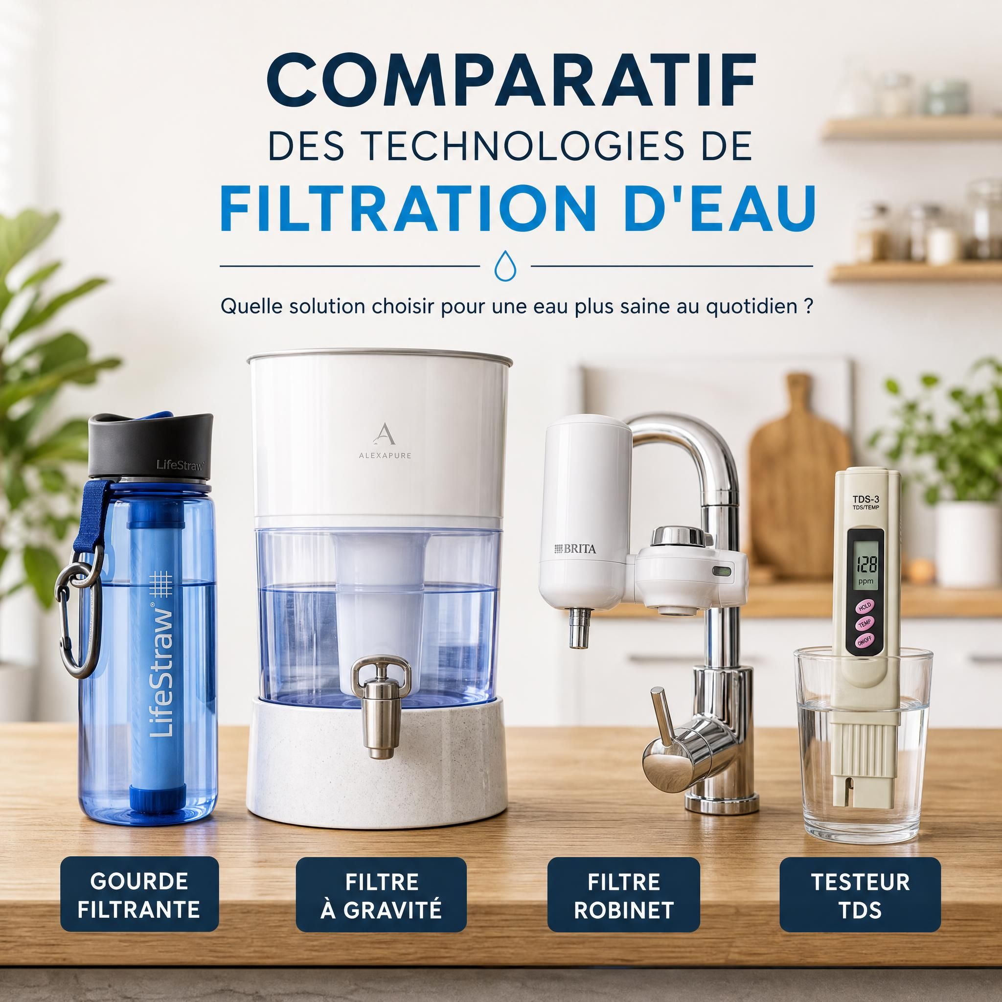 Comparatif des technologies de filtration d'eau – gourde filtrante, filtre à gravité, filtre robinet et testeur TDS posés sur un plan de travail naturel en bois