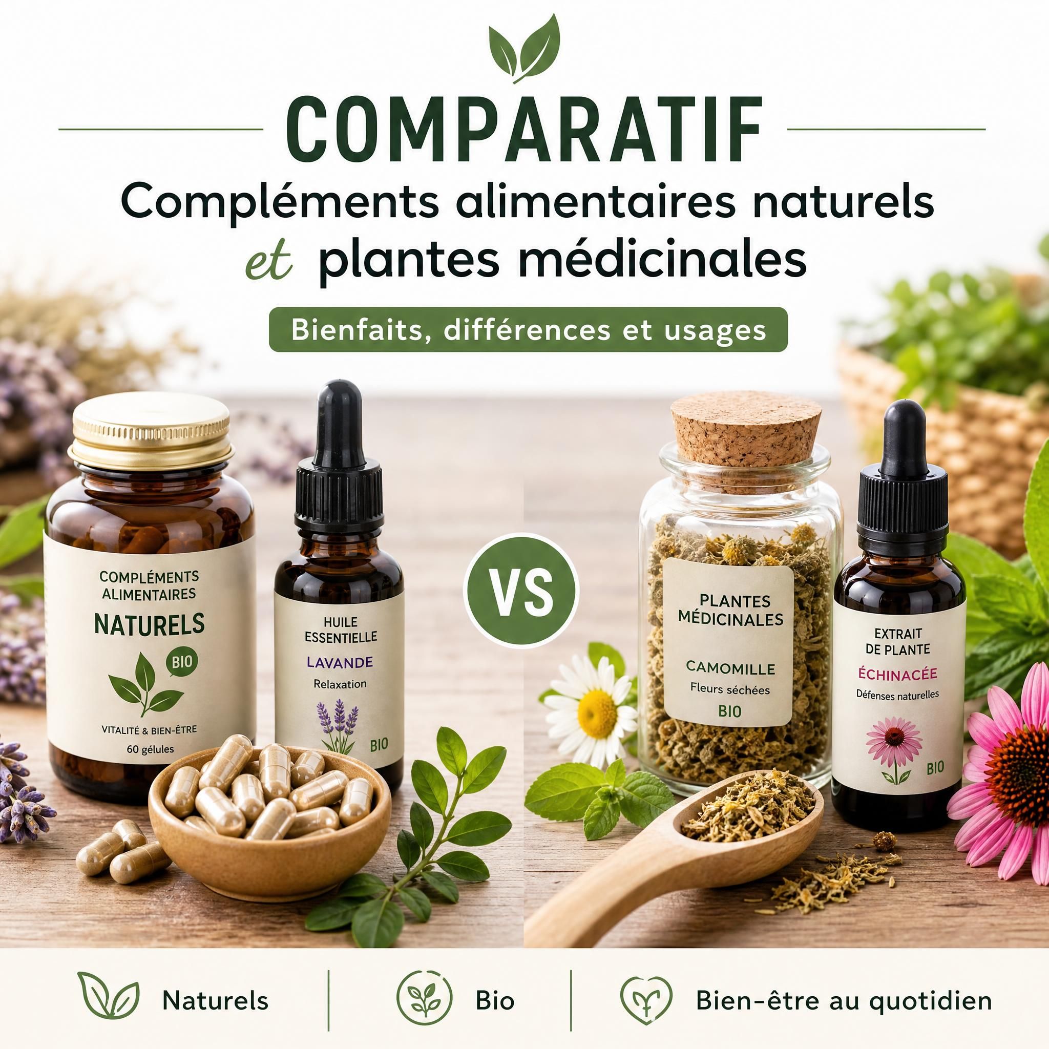 Comparatif compléments alimentaires naturels et plantes médicinales sur une table en bois, huiles essentielles et gélules bio côte à côte