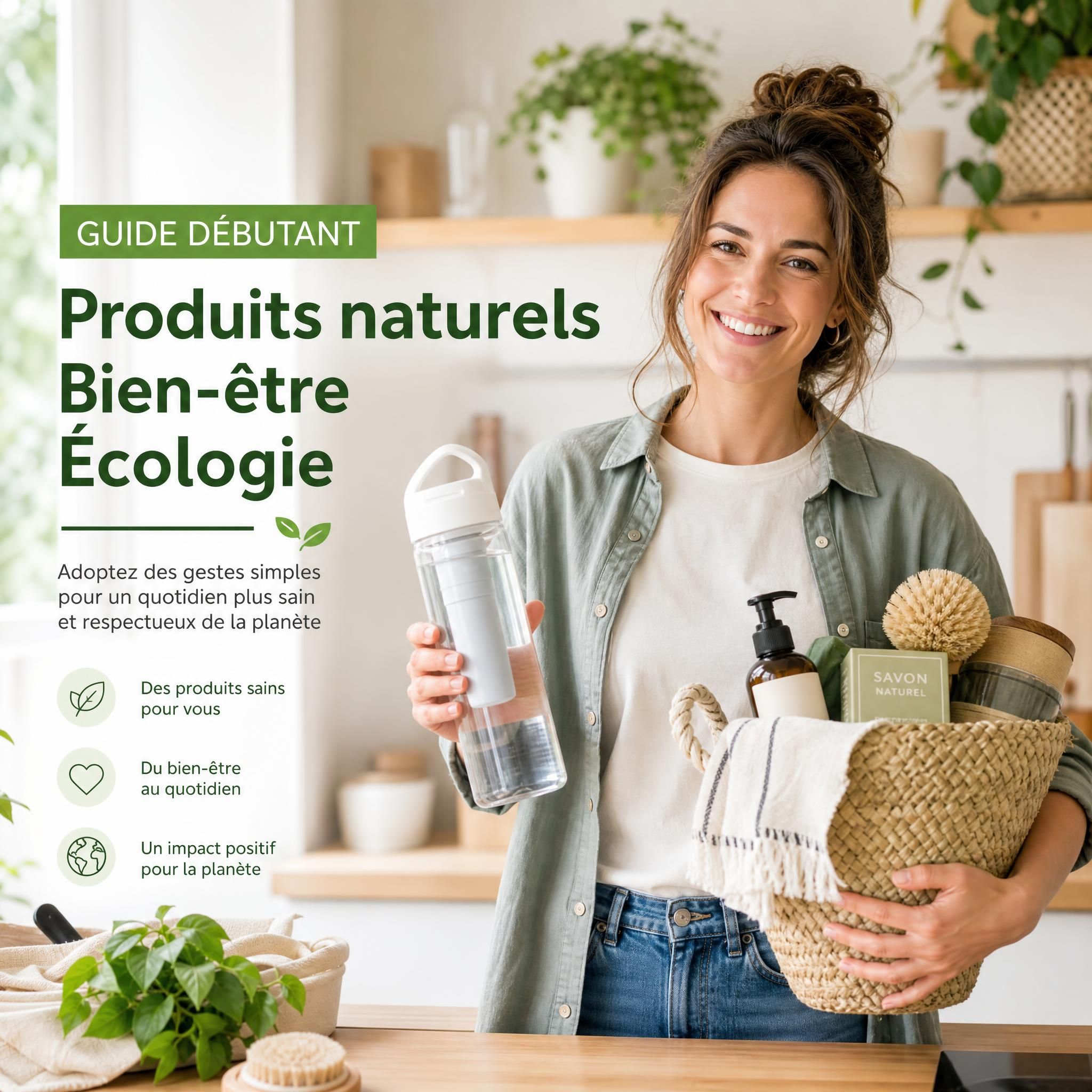 Guide débutant produits naturels bien-être écologie - femme souriante tenant une gourde filtrante et des produits naturels dans une cuisine lumineuse et écologique