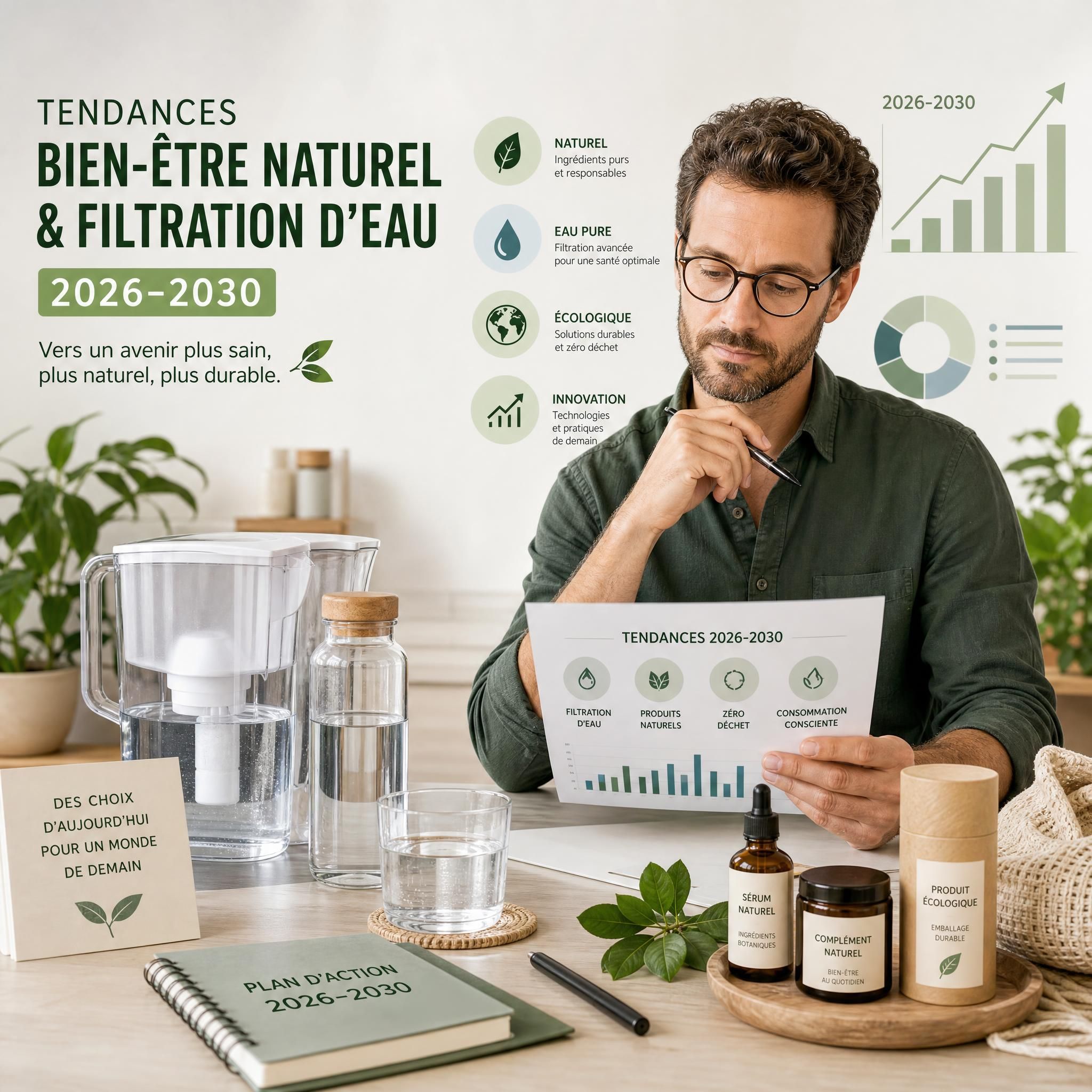 Expert en bien-être naturel analysant des tendances de filtration d'eau et de produits naturels écologiques pour 2026-2030