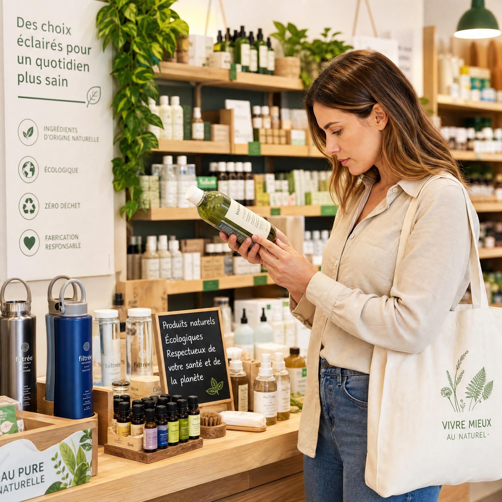 Femme lisant attentivement les étiquettes de produits naturels et écologiques dans une boutique bio, entourée de gourdes filtrantes, huiles essentielles et nettoyants naturels