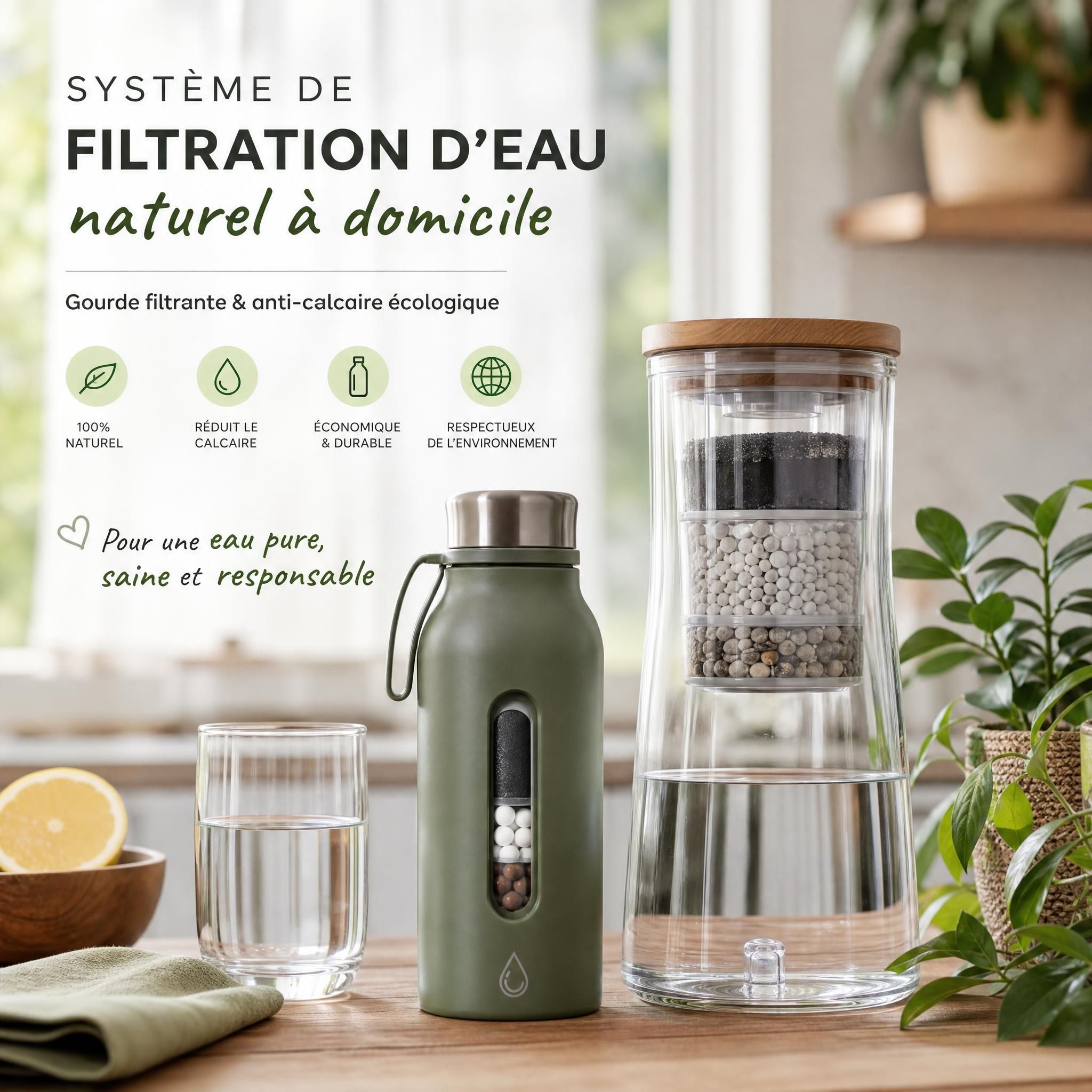 Système de filtration d'eau naturel à domicile avec gourde filtrante et anti-calcaire écologique, ambiance bien-être naturel