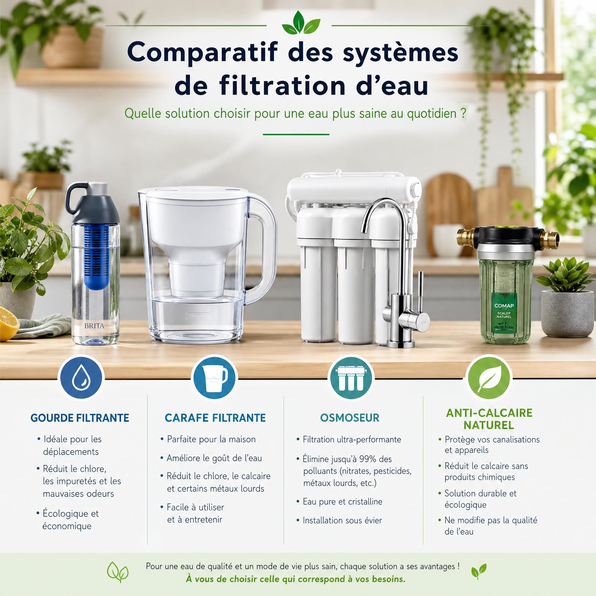 Comparatif des systèmes de filtration d'eau - gourde filtrante, carafe, osmoseur et anti-calcaire naturel disposés sur un plan de cuisine écologique