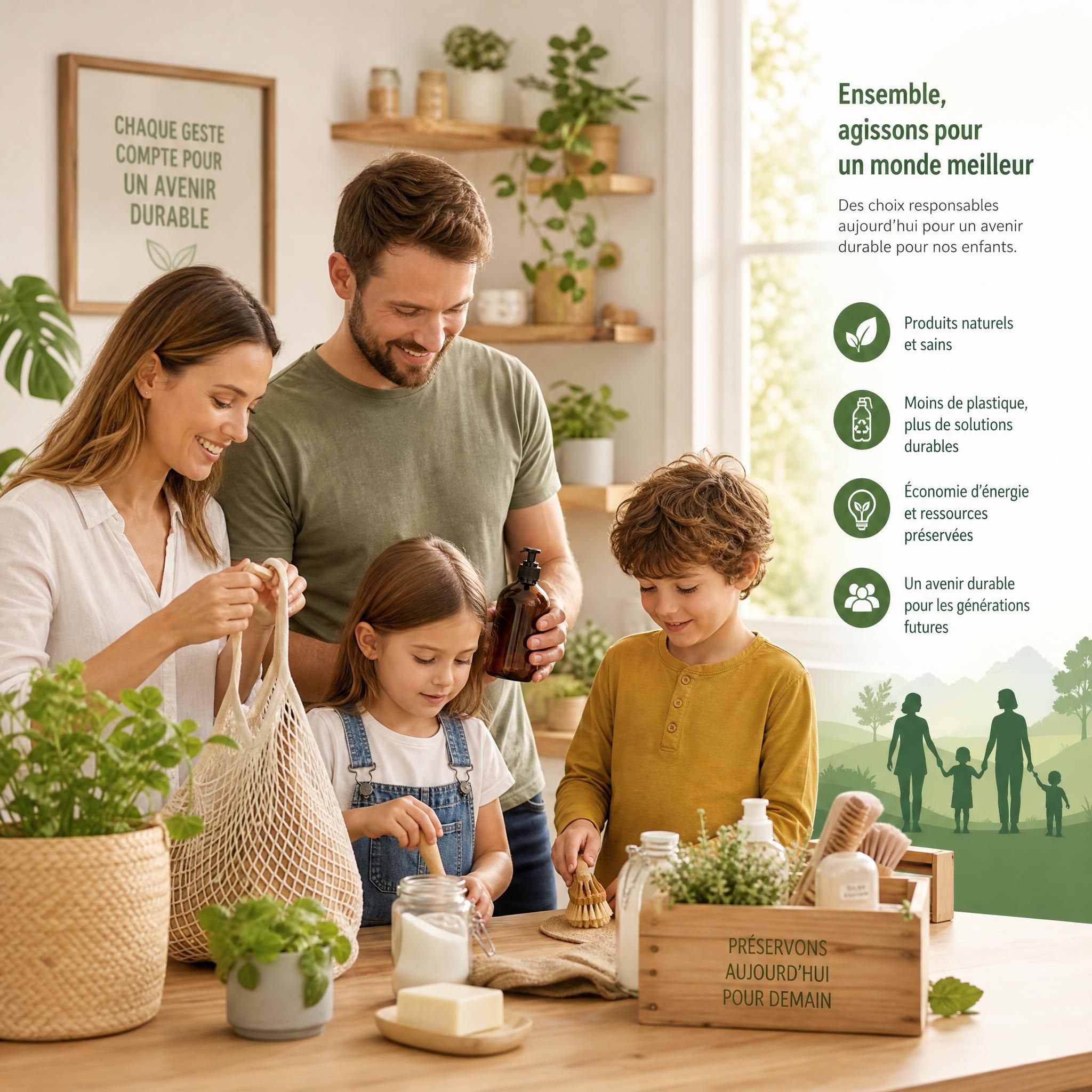 Famille utilisant des produits naturels et écologiques au quotidien, symbolisant la responsabilité collective pour les générations futures