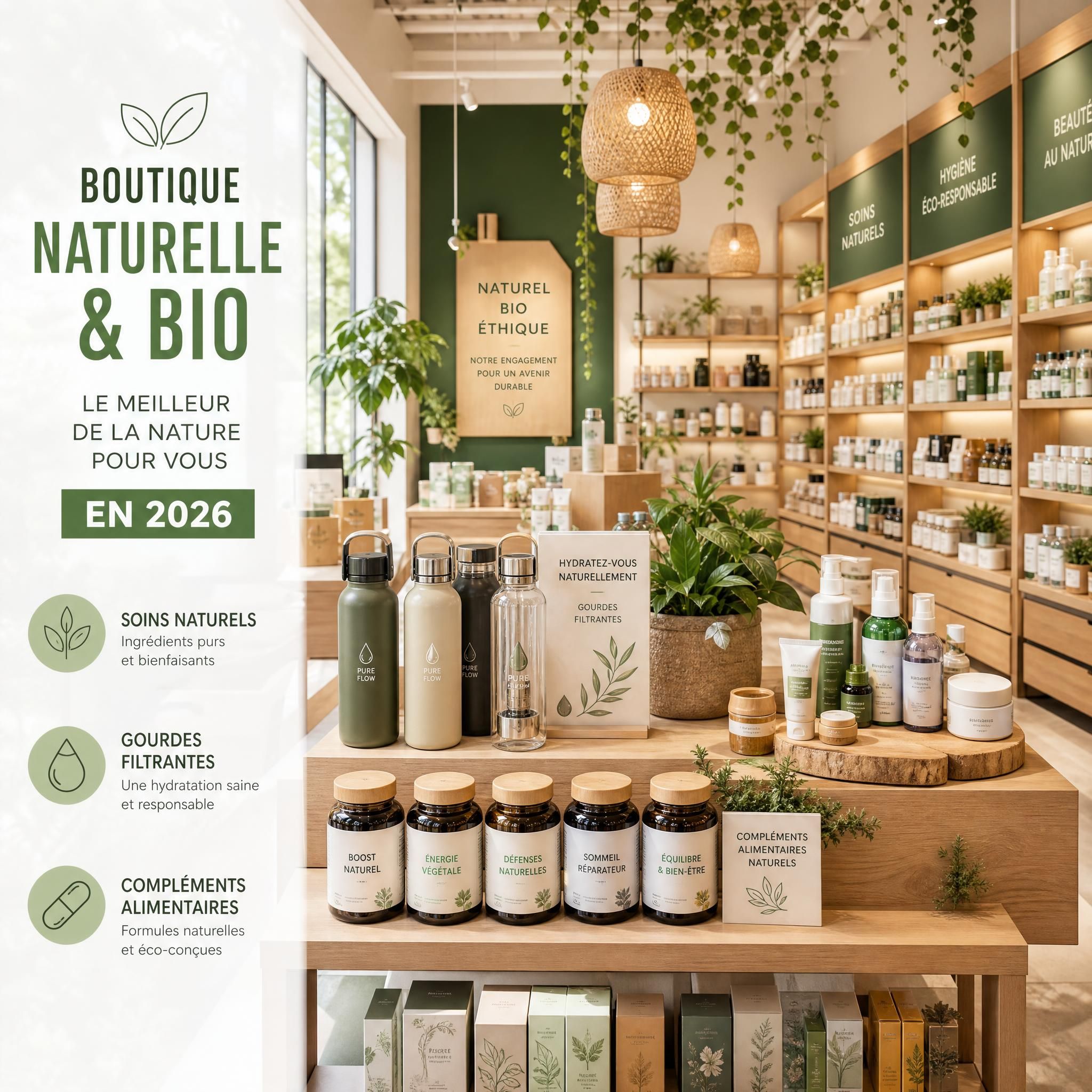 Boutique de produits naturels et bio en 2026, rayons de soins naturels, gourdes filtrantes et compléments alimentaires écologiques