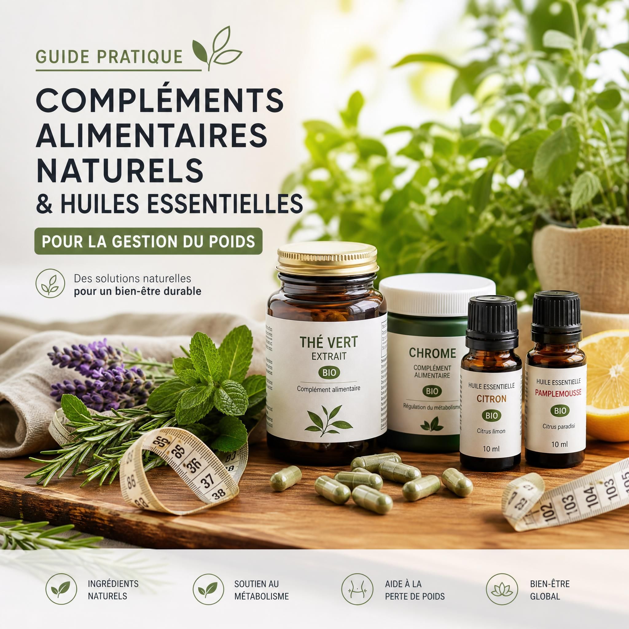 Guide pratique compléments alimentaires naturels et huiles essentielles pour la gestion du poids - produits naturels bio sur une table en bois avec plantes aromatiques