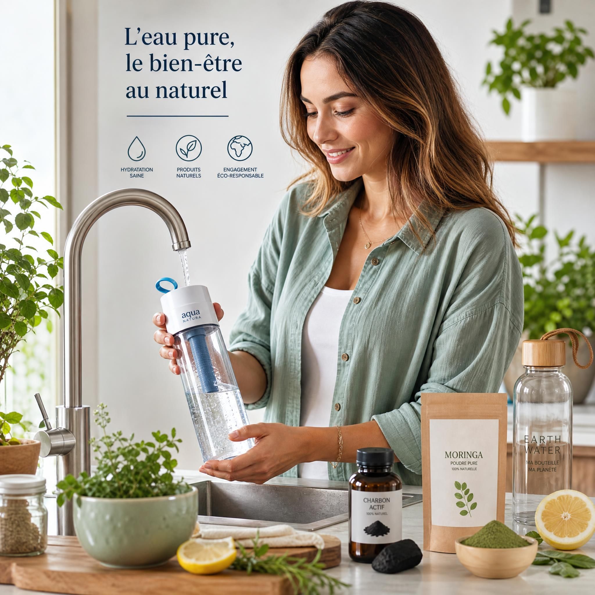 Femme tenant une gourde filtrante devant un robinet, entourée de produits naturels pour le bien-être et la qualité de l'eau