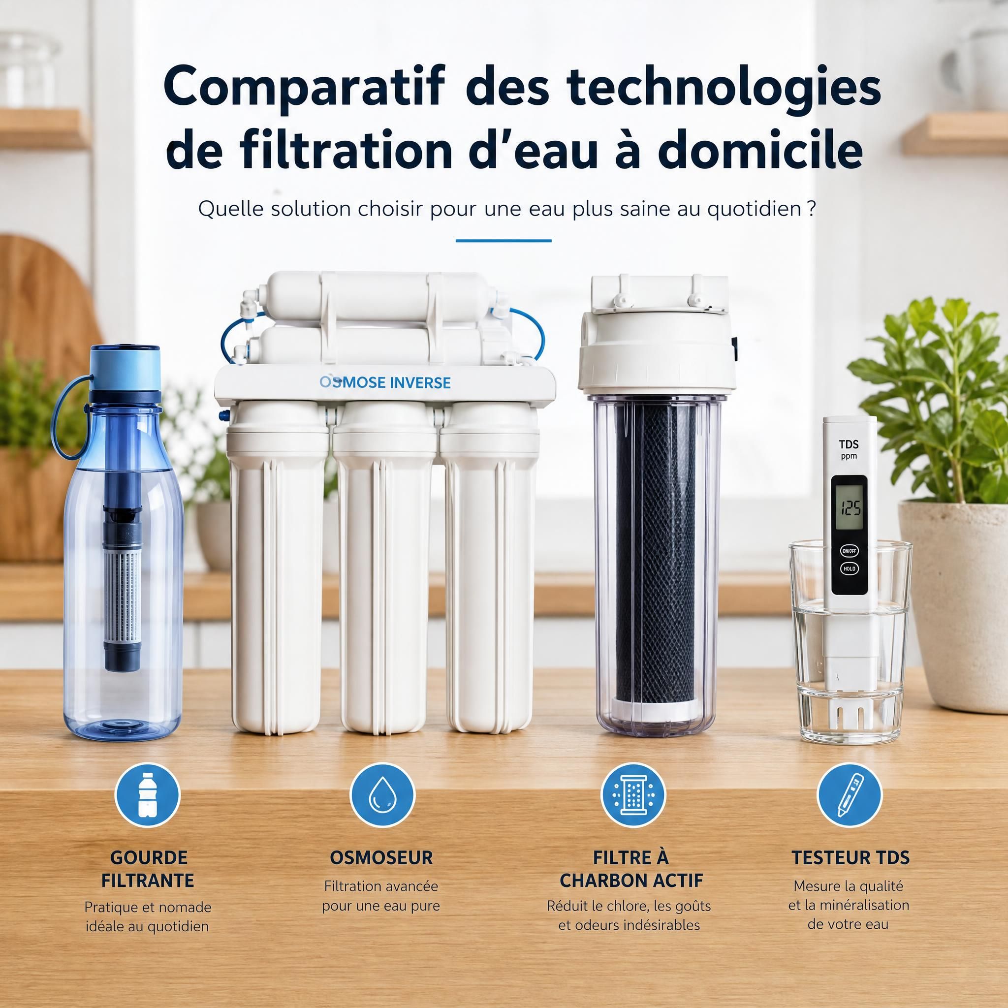 Comparatif des technologies de filtration d'eau à domicile — gourde filtrante, osmoseur, filtre à charbon actif et testeur TDS posés sur un plan de travail naturel en bois