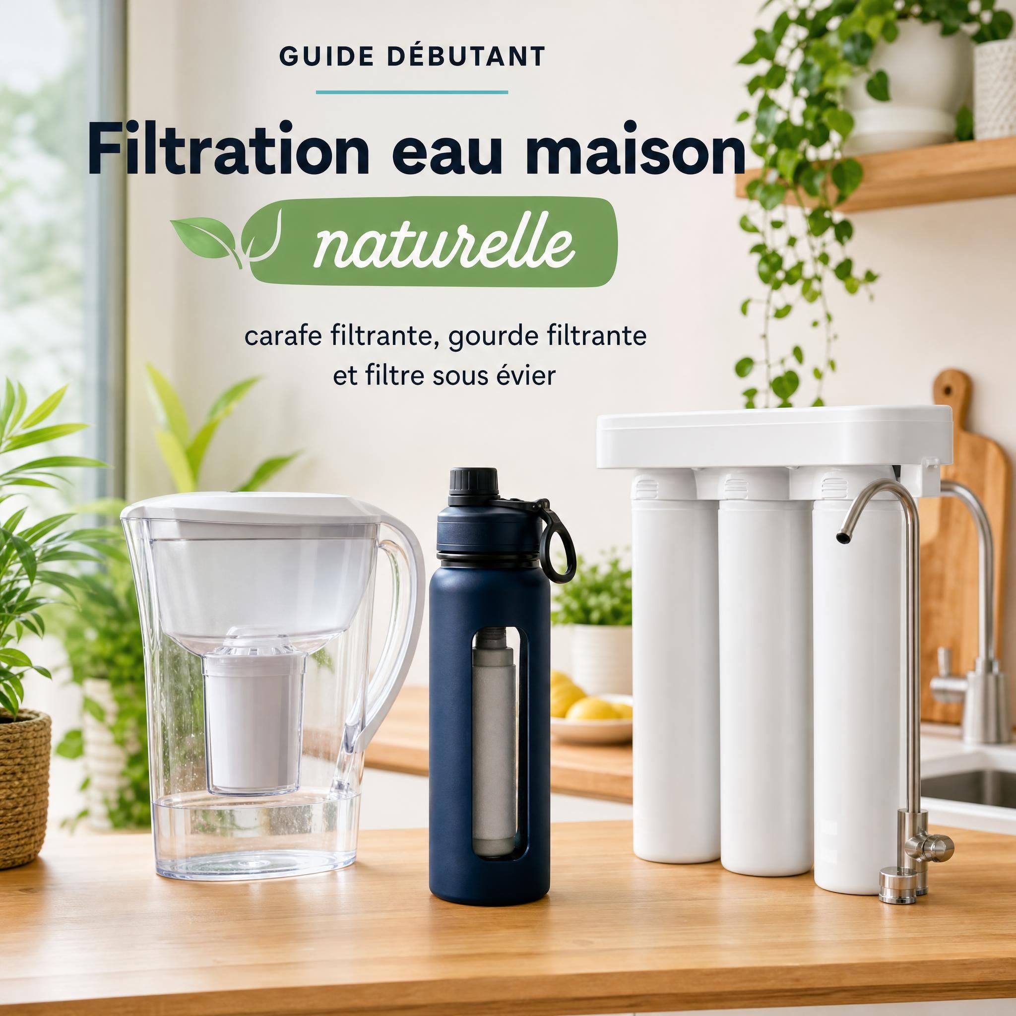 Guide débutant filtration eau maison naturelle - carafe filtrante, gourde filtrante et filtre sous évier posés sur un plan de cuisine en bois avec plantes vertes