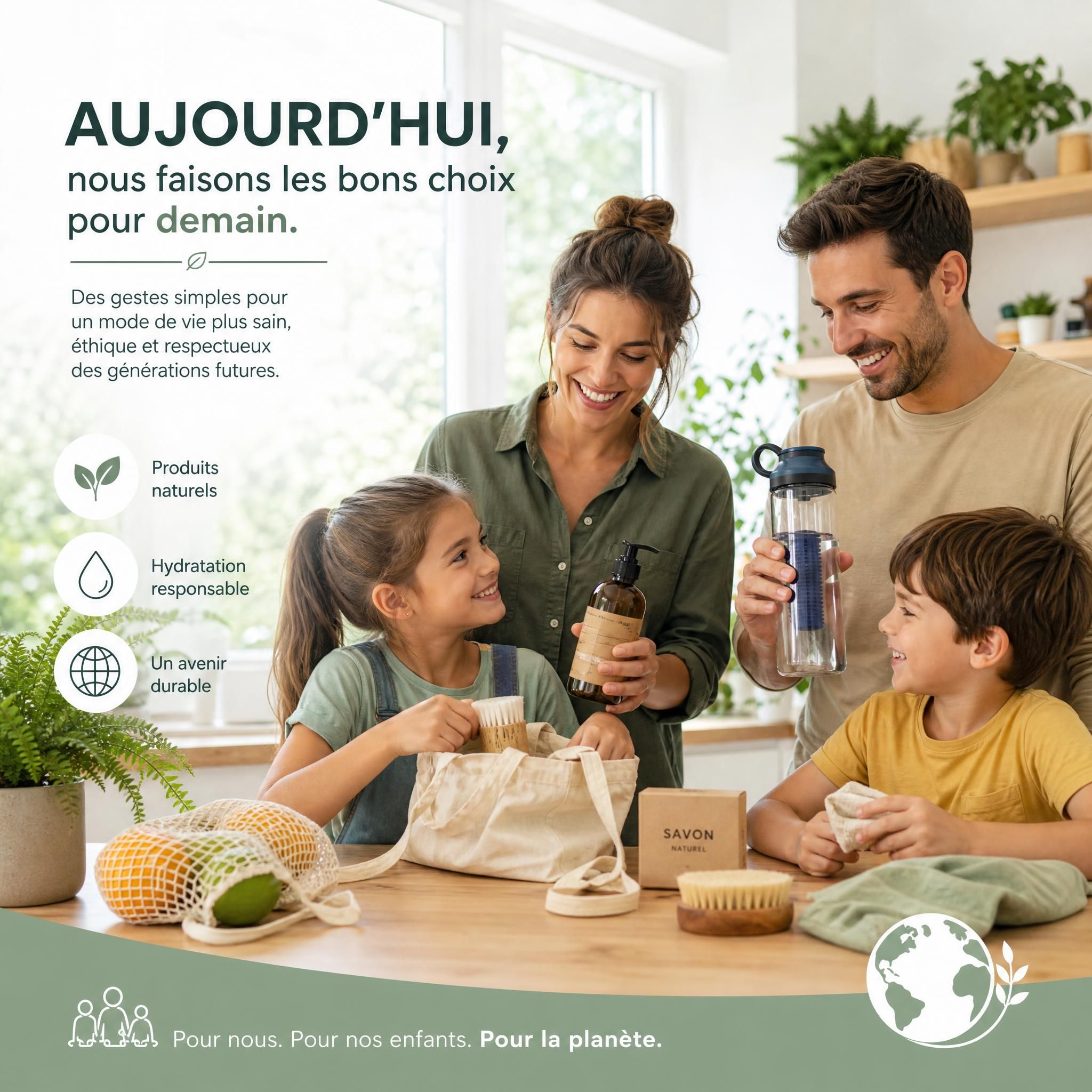 Famille utilisant des produits naturels et une gourde filtrante, symbolisant un mode de vie responsable et éthique pour les générations futures