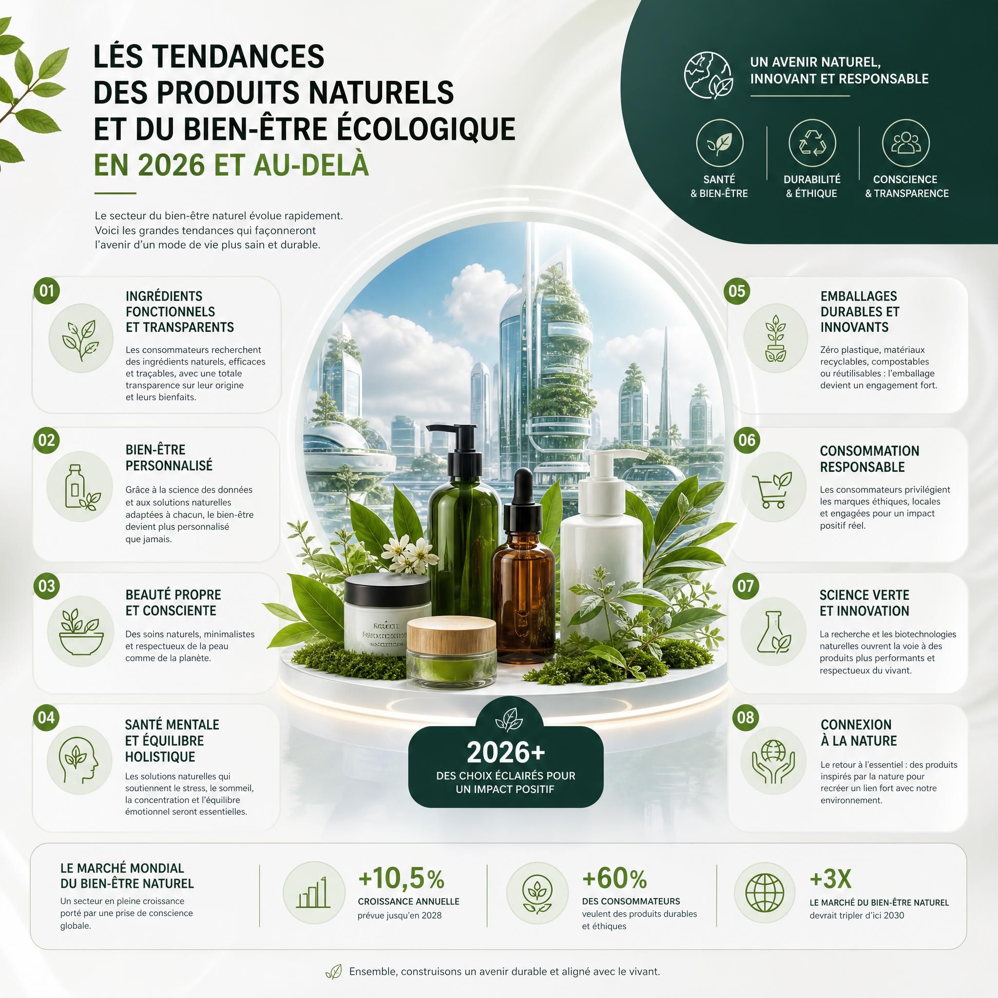 Infographie futuriste sur les tendances des produits naturels et du bien-être écologique en 2026 et au-delà