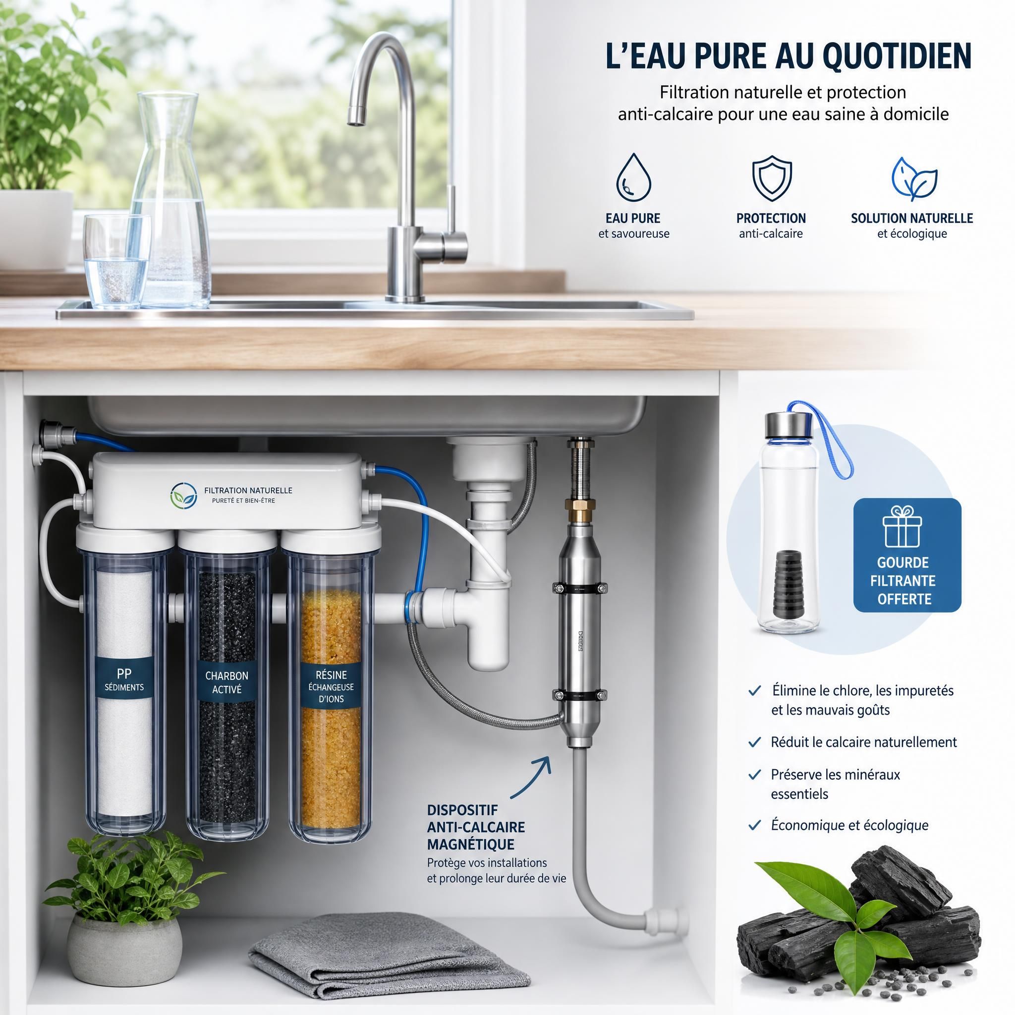 Système de filtration d'eau naturel installé sous évier avec gourde filtrante et dispositif anti-calcaire magnétique pour une eau pure et saine à domicile
