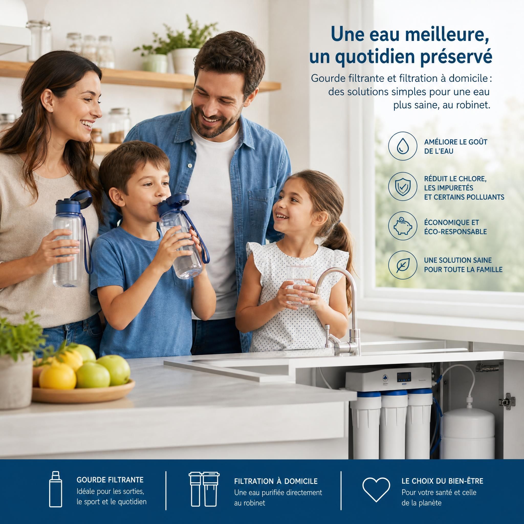 Famille française utilisant une gourde filtrante et un système de filtration d'eau à domicile pour améliorer la qualité de leur eau du robinet