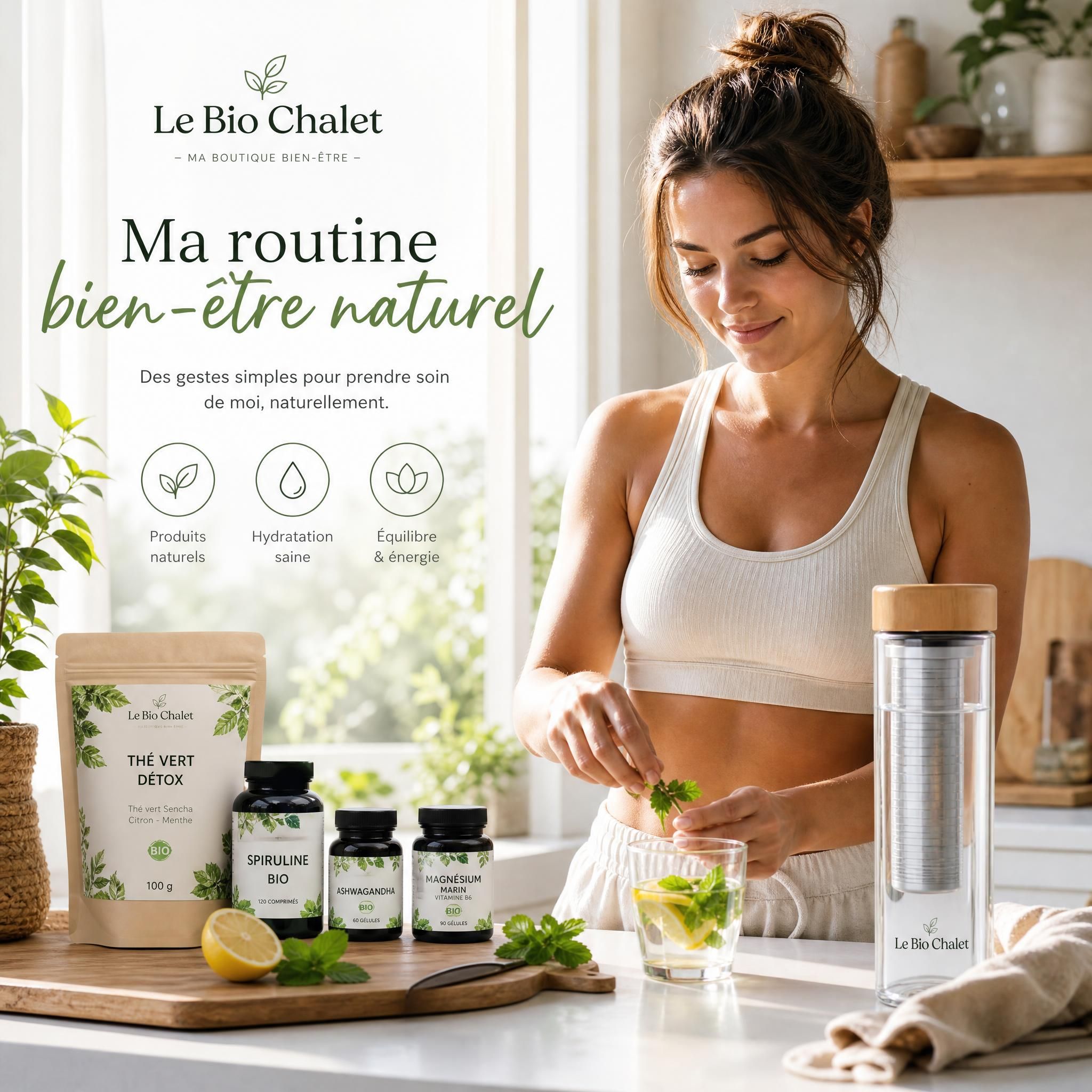 Femme pratiquant une routine bien-être naturel le matin avec produits naturels et gourde filtrante - Le Bio Chalet