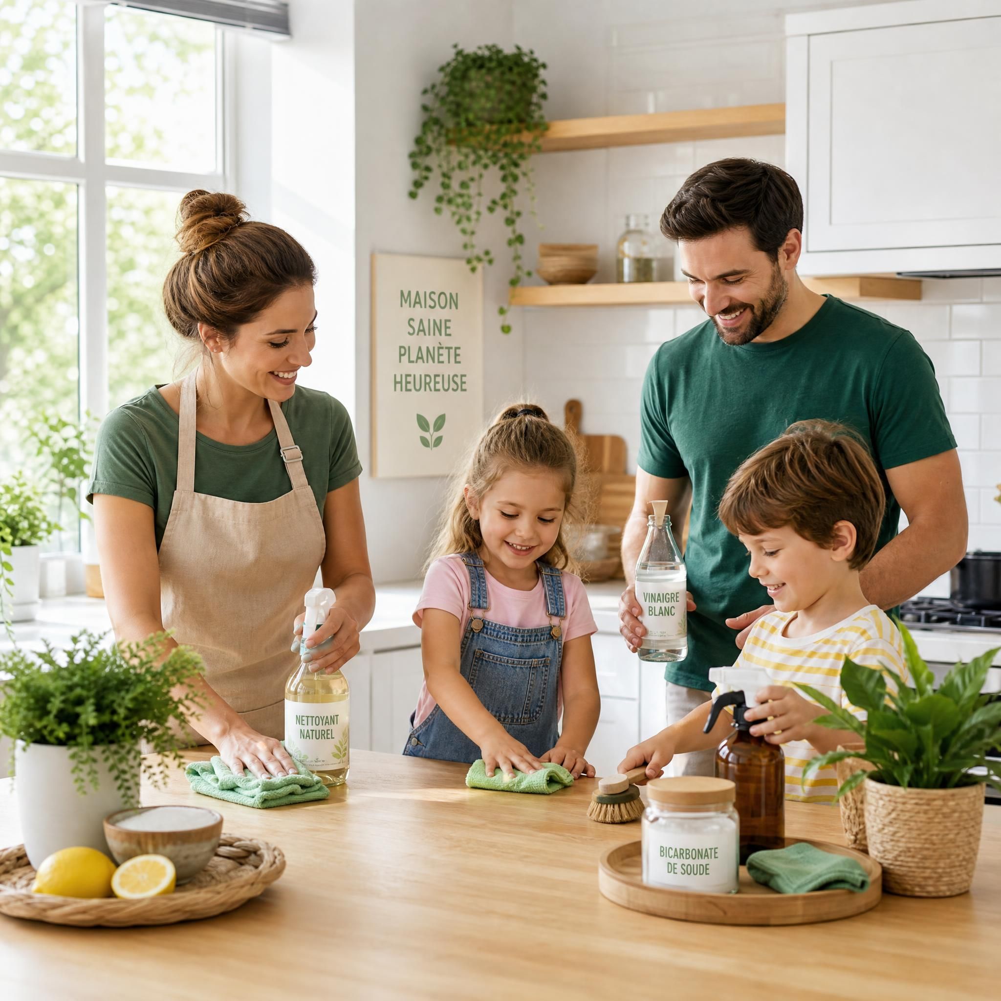 Famille heureuse faisant le ménage avec des produits nettoyants naturels et écologiques dans une cuisine lumineuse