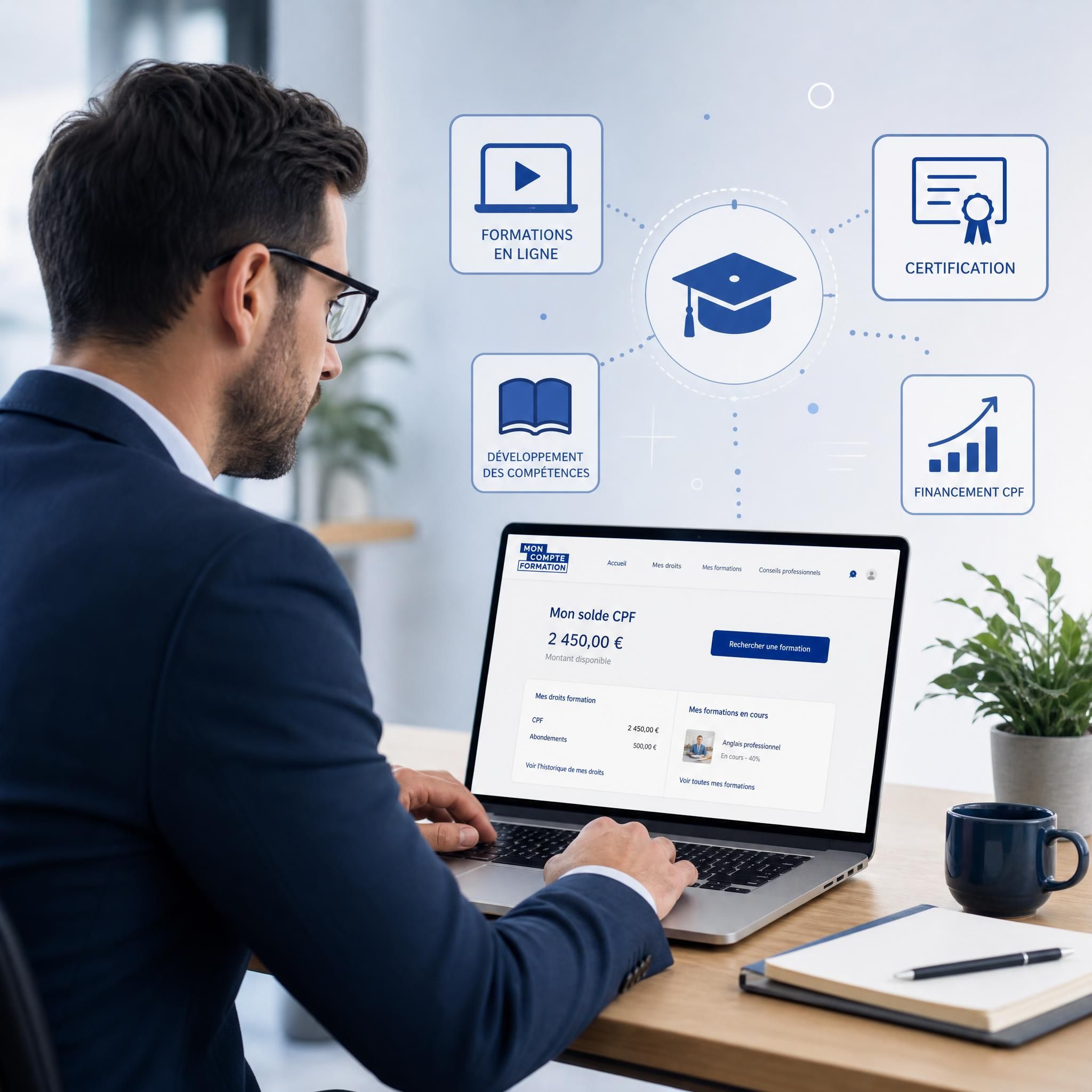 Professionnel consultant son compte CPF sur un ordinateur portable, avec des icônes de formation numérique et de certification en arrière-plan