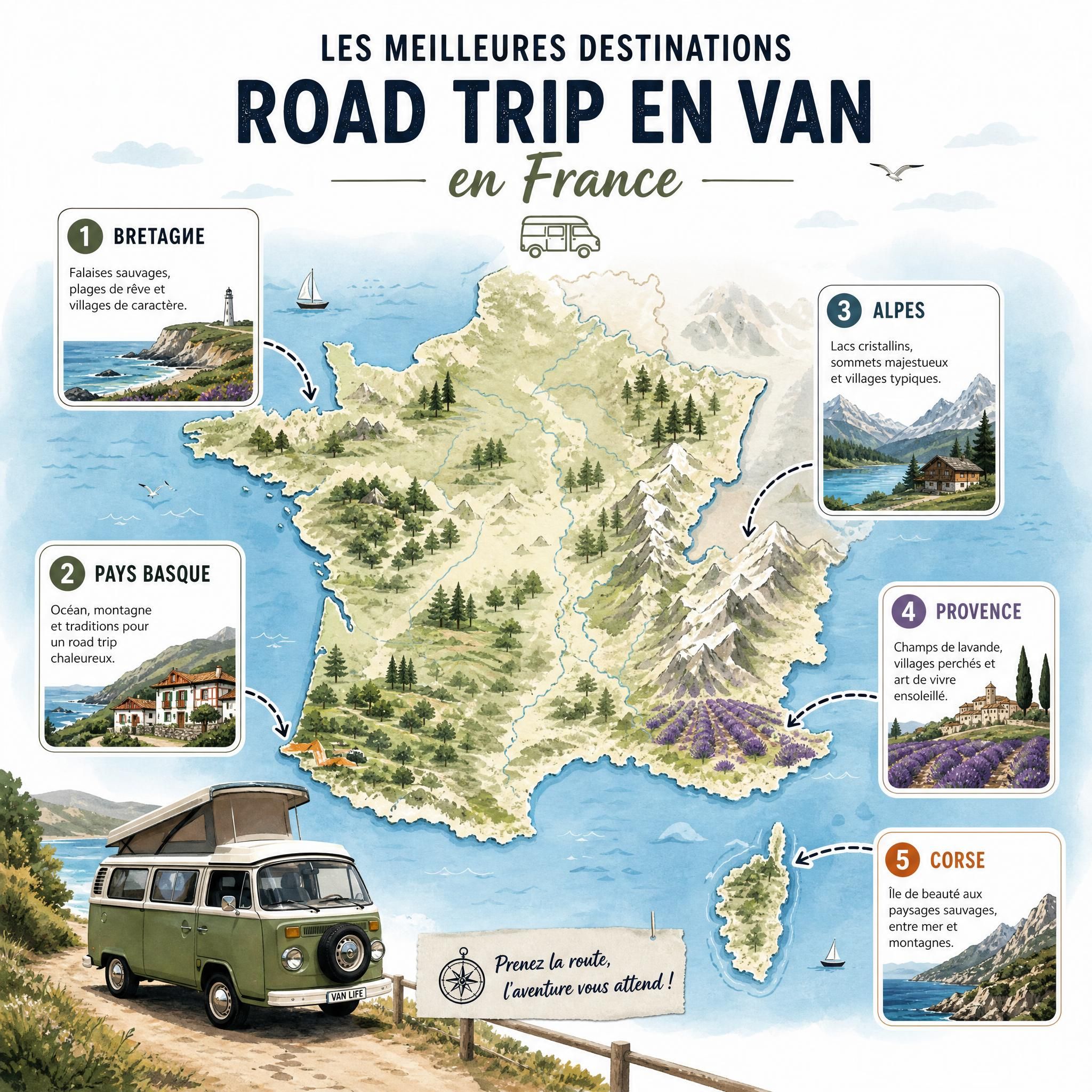 Carte illustrée des meilleures destinations de road trip en van en France, Bretagne, Pays basque, Provence, Alpes, Corse