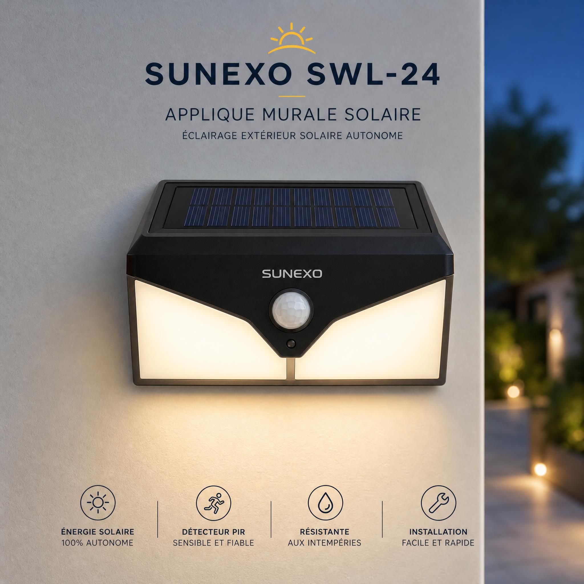 Applique murale solaire Sunexo SWL-24 vue de face avec détecteur PIR - éclairage extérieur solaire autonome