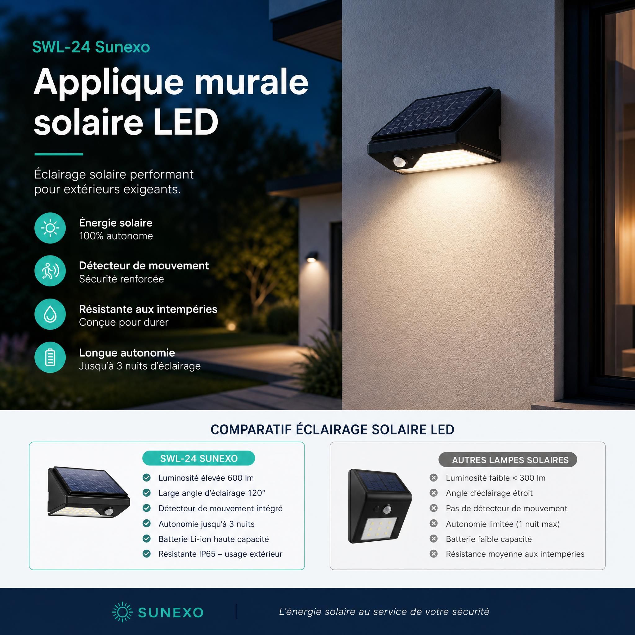 Applique murale solaire SWL-24 Sunexo installée sur façade extérieure - comparatif éclairage solaire LED