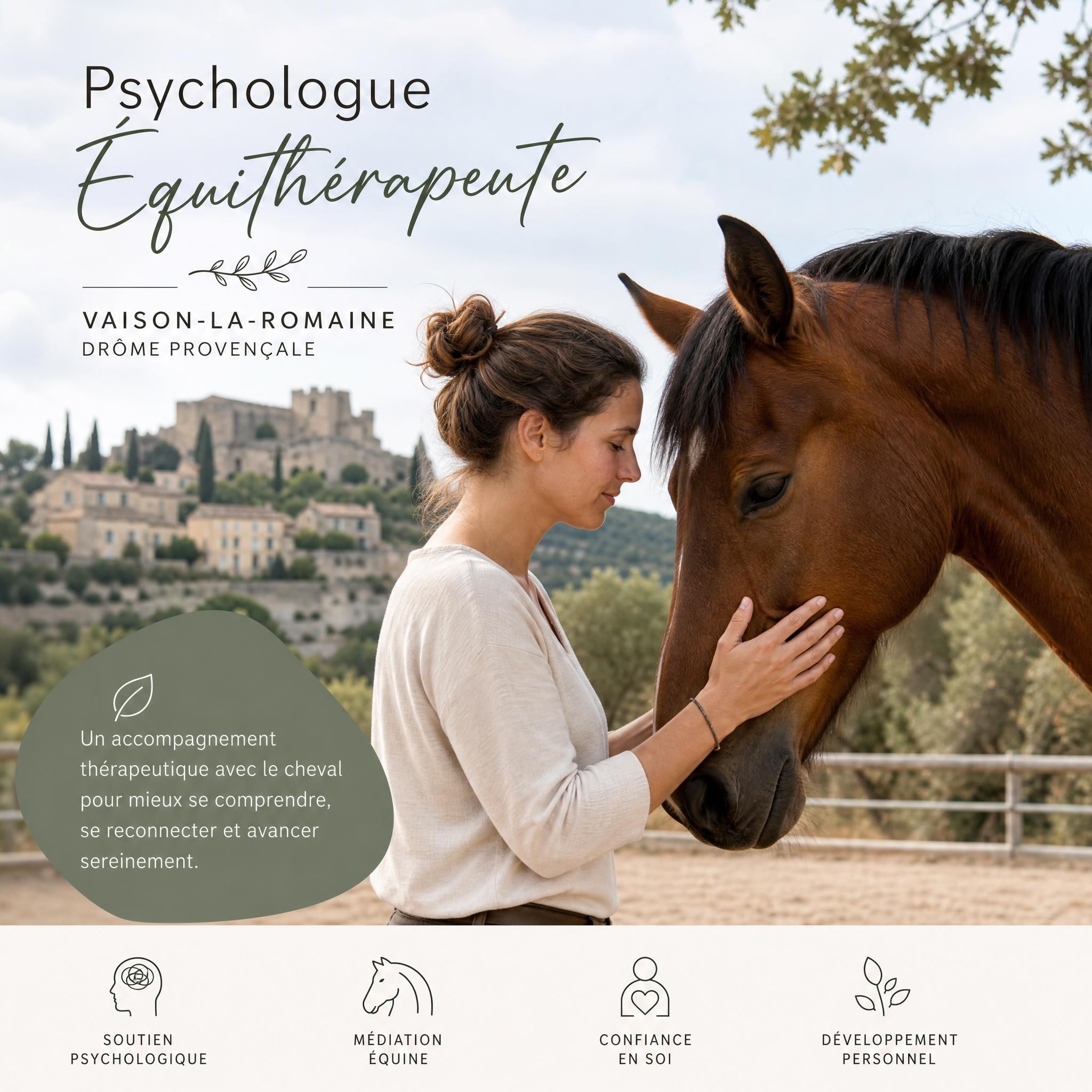 Psychologue équithérapeute avec cheval à Vaison-la-Romaine, séance de médiation équine en Drôme provençale
