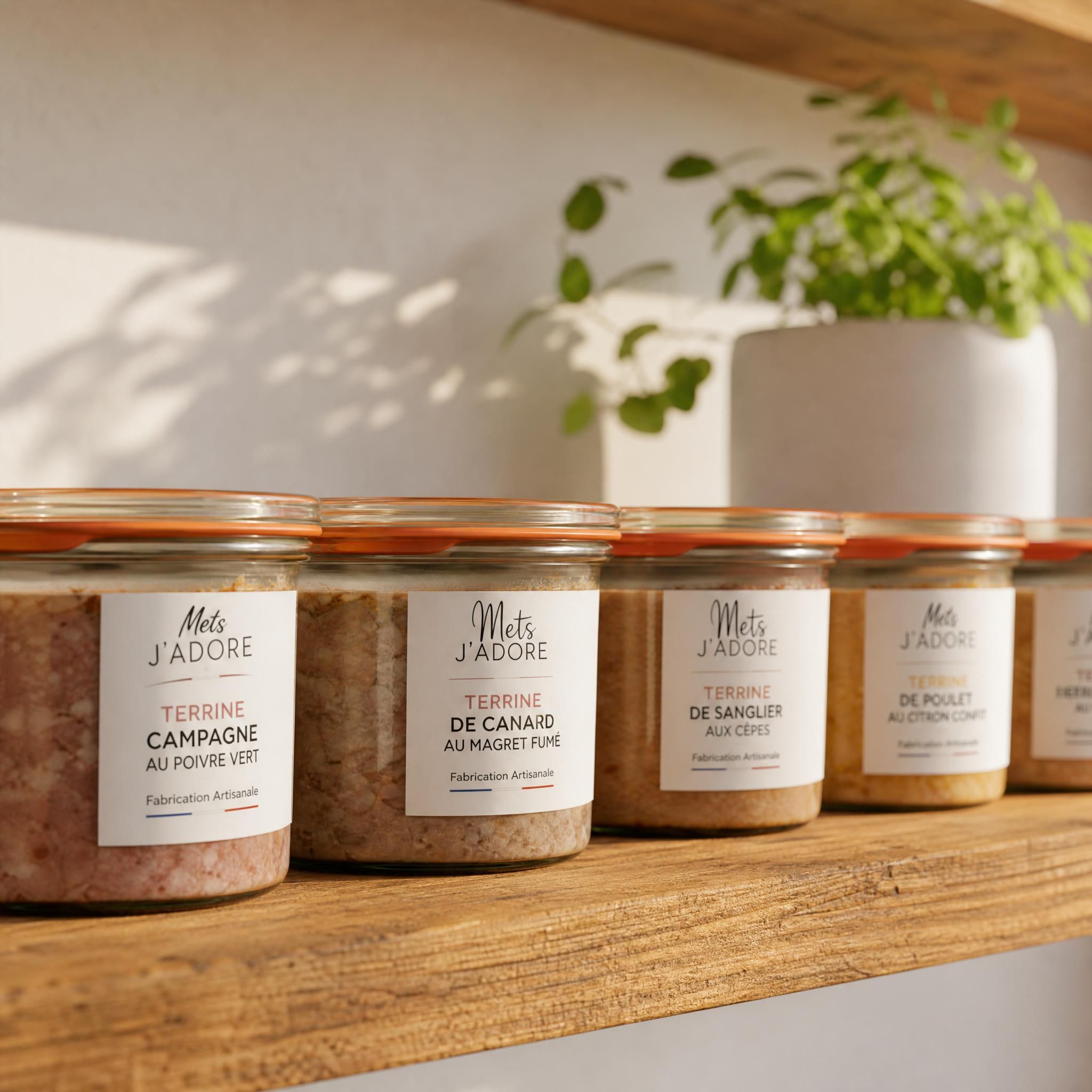 Bocaux de terrines artisanales Mets J'adore alignés sur une étagère en bois, lumière naturelle chaleureuse