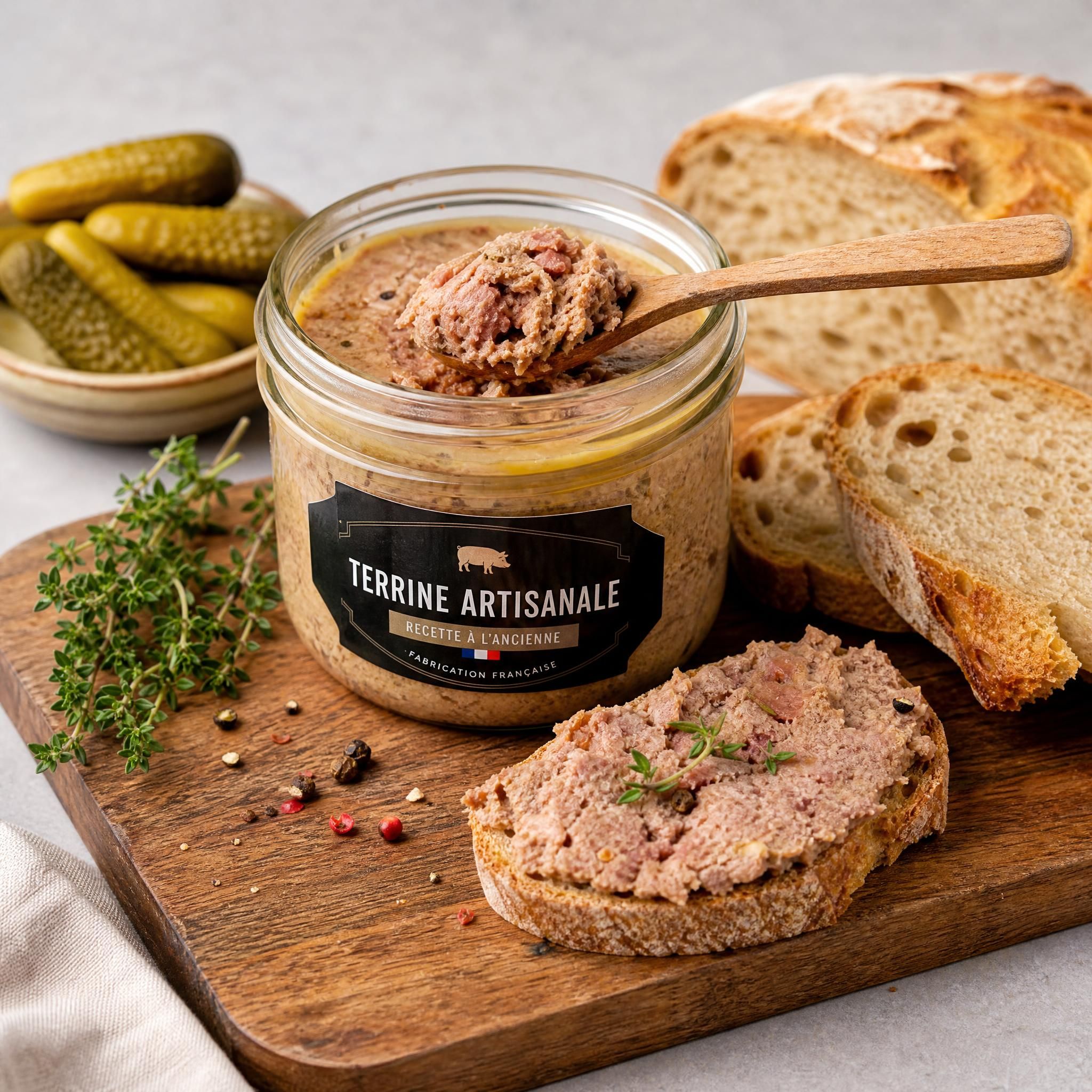Terrine artisanale en bocal ouvert avec une cuillère en bois posée sur une planche de charcuterie, accompagnée de pain de campagne