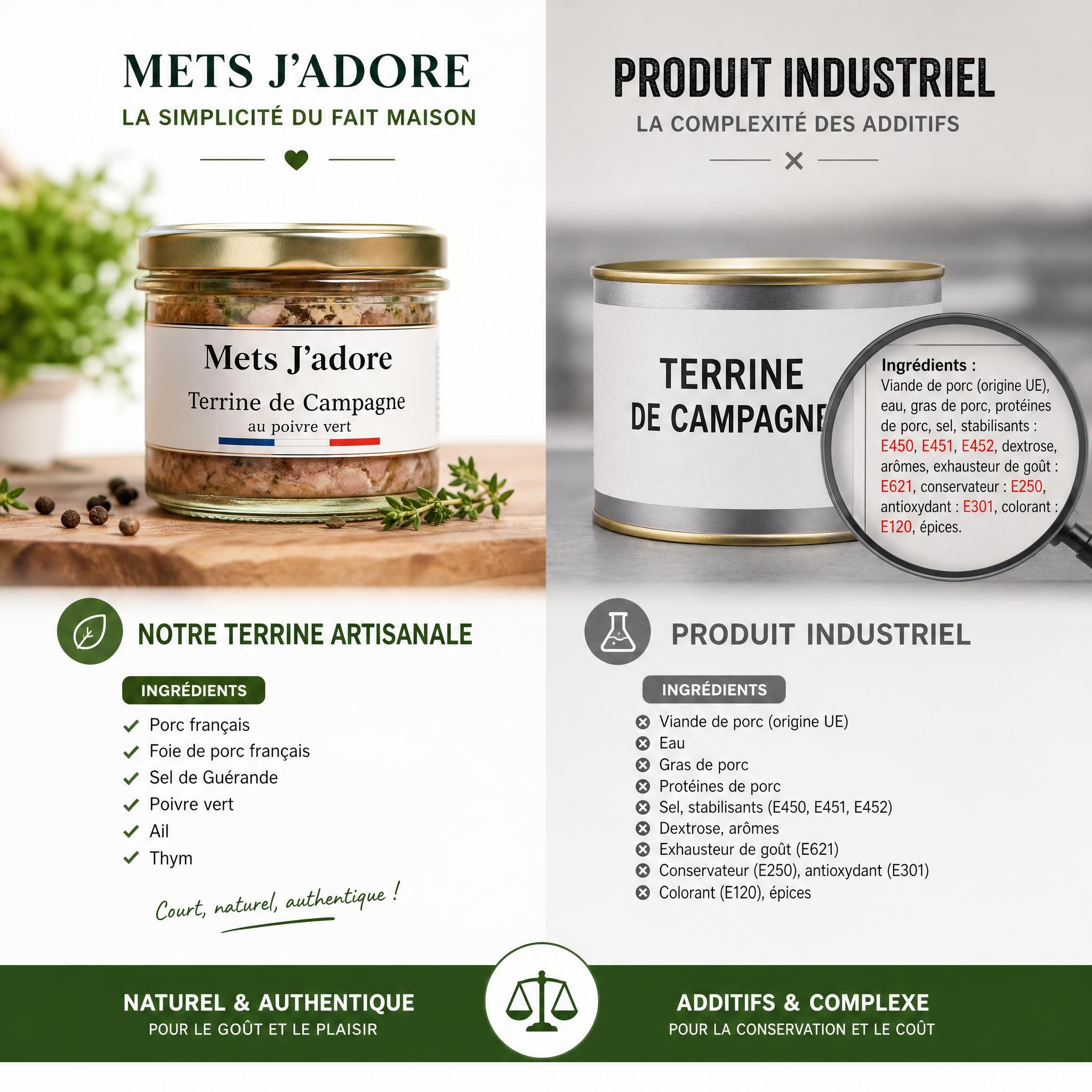 Comparaison visuelle entre un bocal de terrine artisanale Mets J'adore avec liste d'ingrédients courte et naturelle, face à un emballage industriel avec additifs