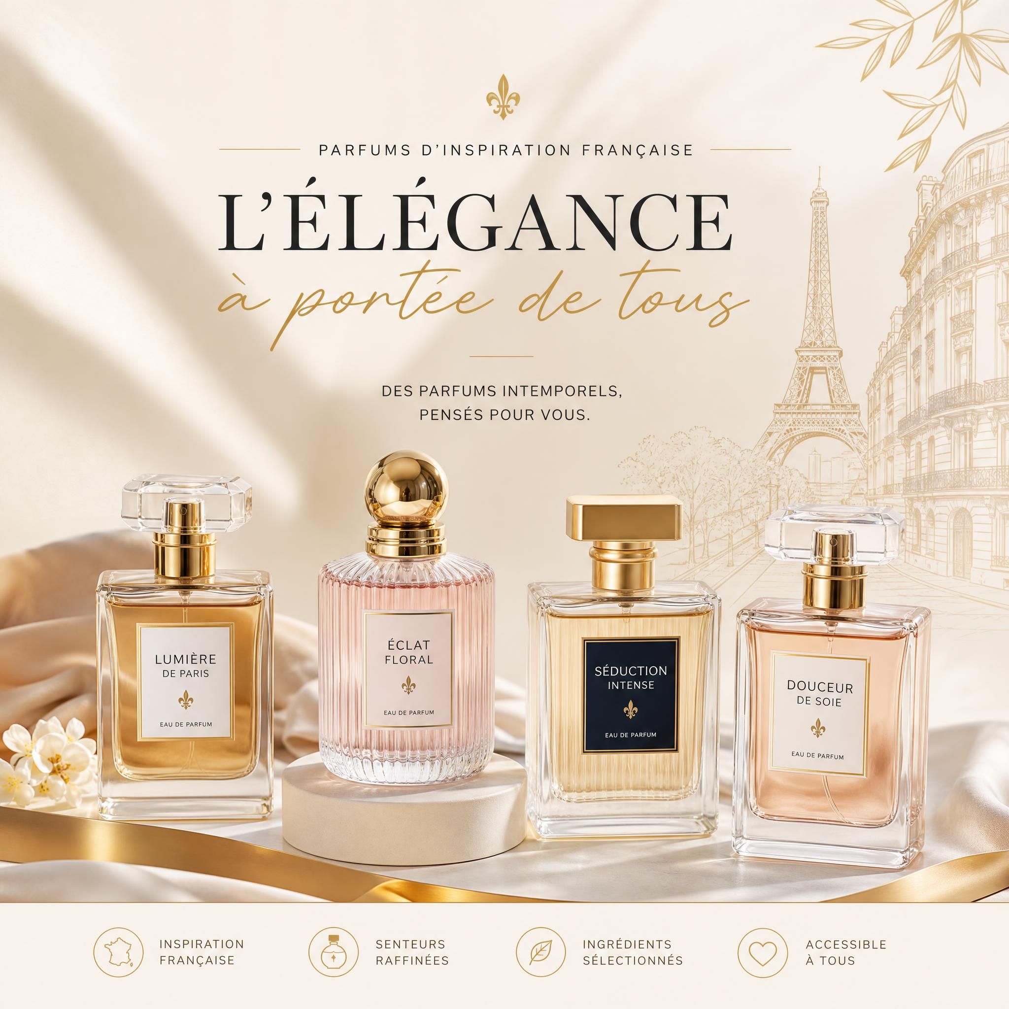 Flacons de parfum élégants sur fond crème et doré, ambiance premium accessible, parfums d'inspiration française