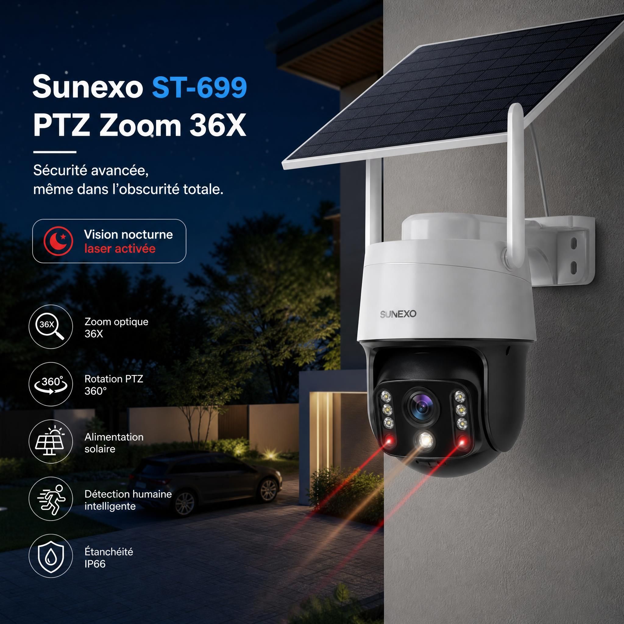 Caméra solaire Sunexo ST-699 PTZ zoom 36X installée sur façade de maison, vision nocturne laser activée