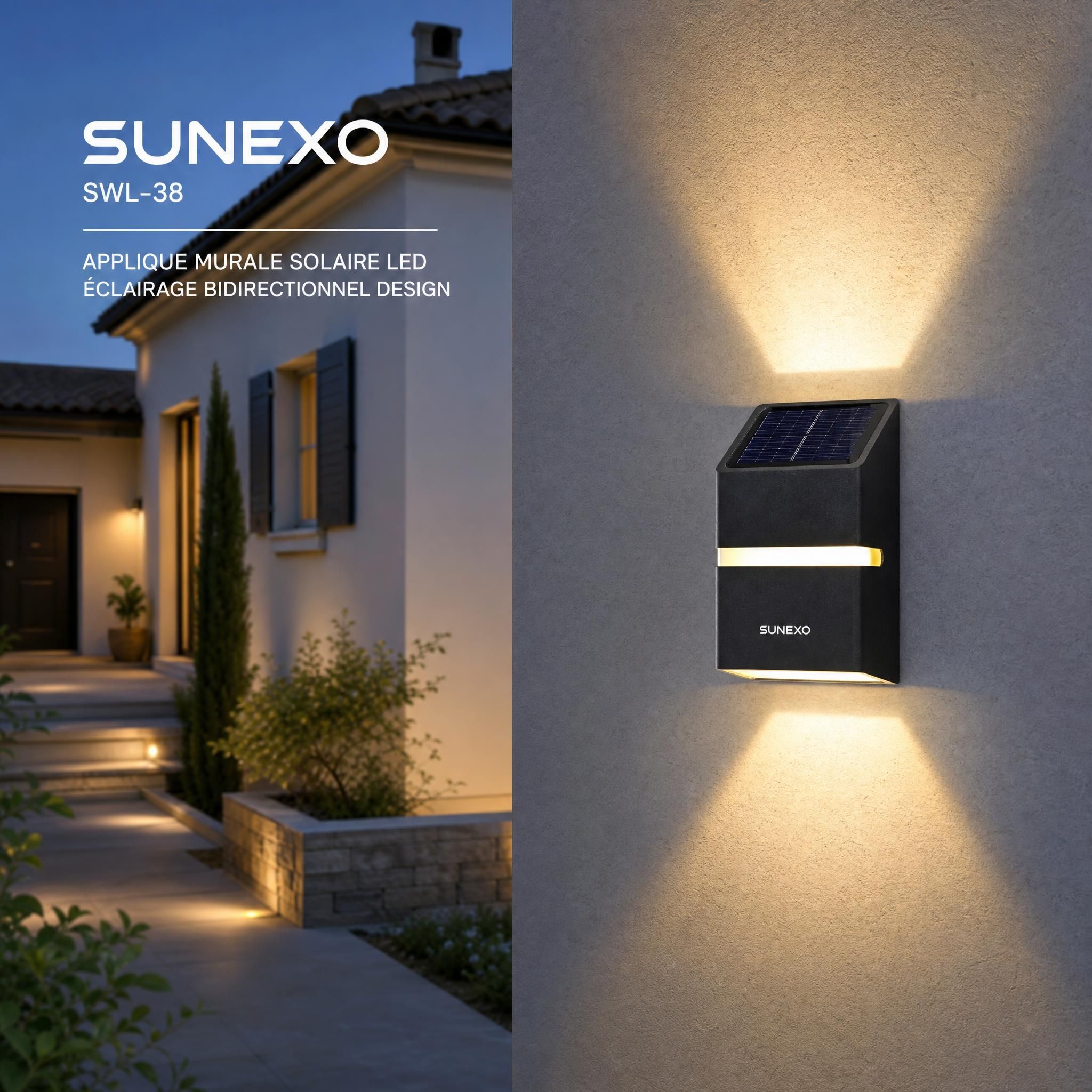 Applique murale solaire LED Sunexo SWL-38 installée sur façade extérieure de maison française, éclairage bidirectionnel design moderne