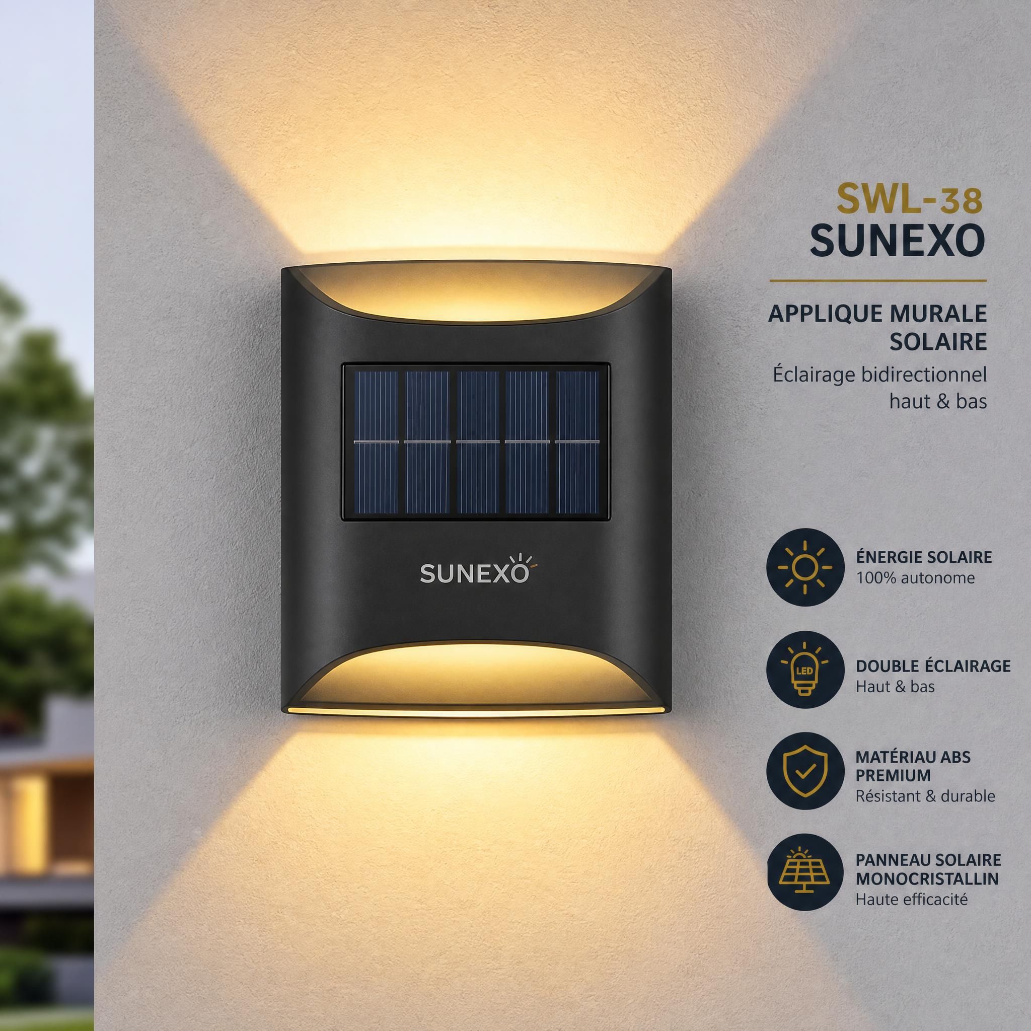 Applique murale solaire SWL-38 Sunexo vue de face montrant le double éclairage bidirectionnel, finition ABS premium, panneau solaire monocristallin intégré