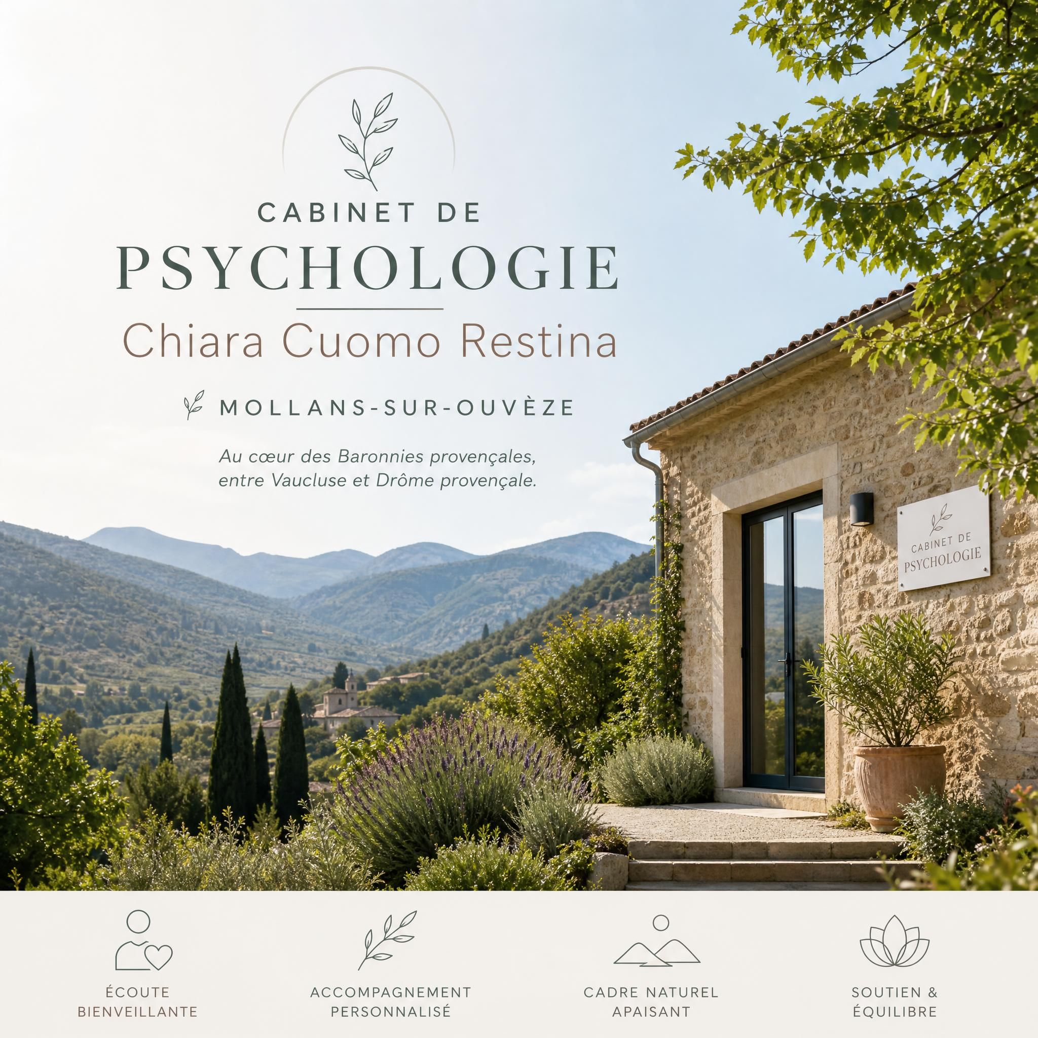 Cabinet de psychologie Chiara Cuomo Restina à Mollans-sur-Ouvèze, entouré de la nature des Baronnies provençales, entre Vaucluse et Drôme provençale