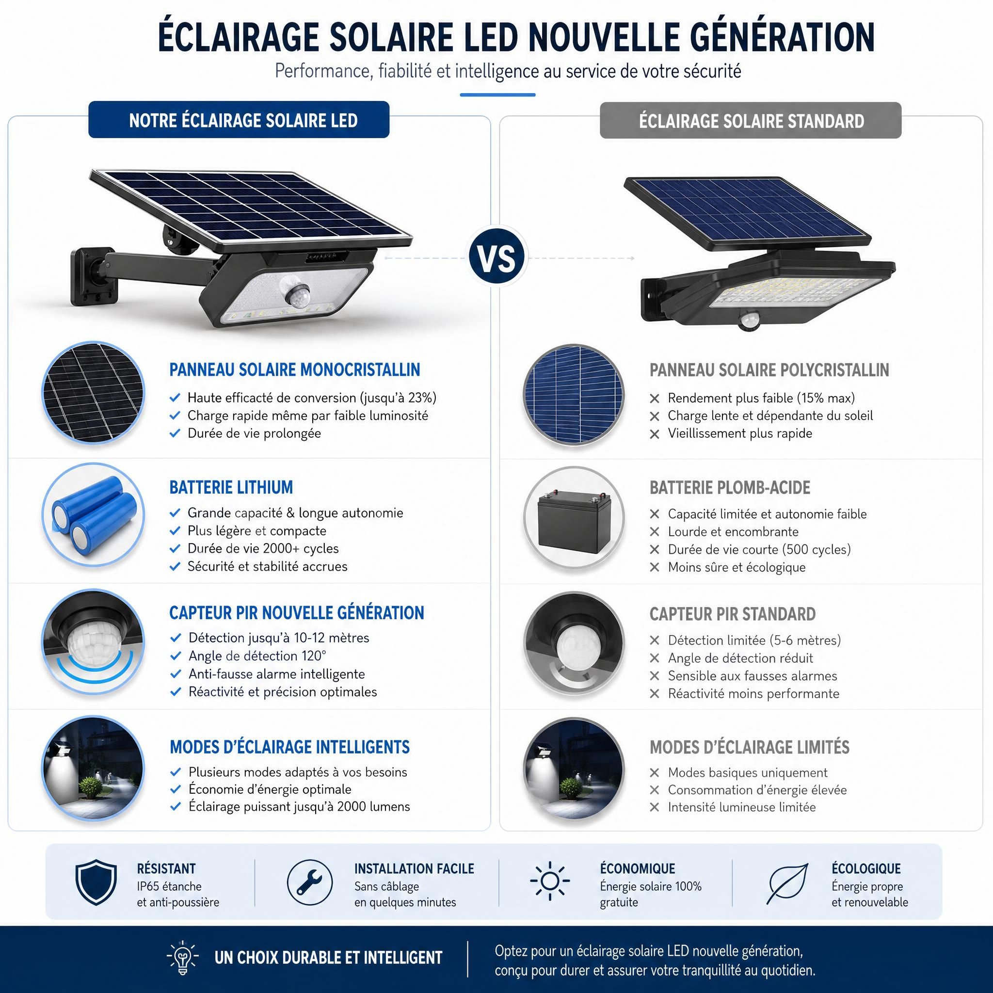 Schéma technique comparatif éclairage solaire LED avec batterie lithium, panneau monocristallin et capteur PIR nouvelle génération