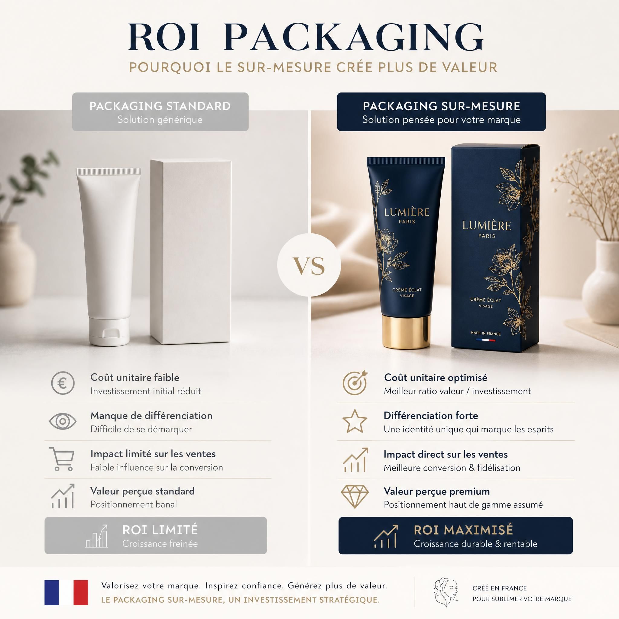 ROI packaging premium startups - comparaison packaging standard et packaging sur mesure marque beauté française