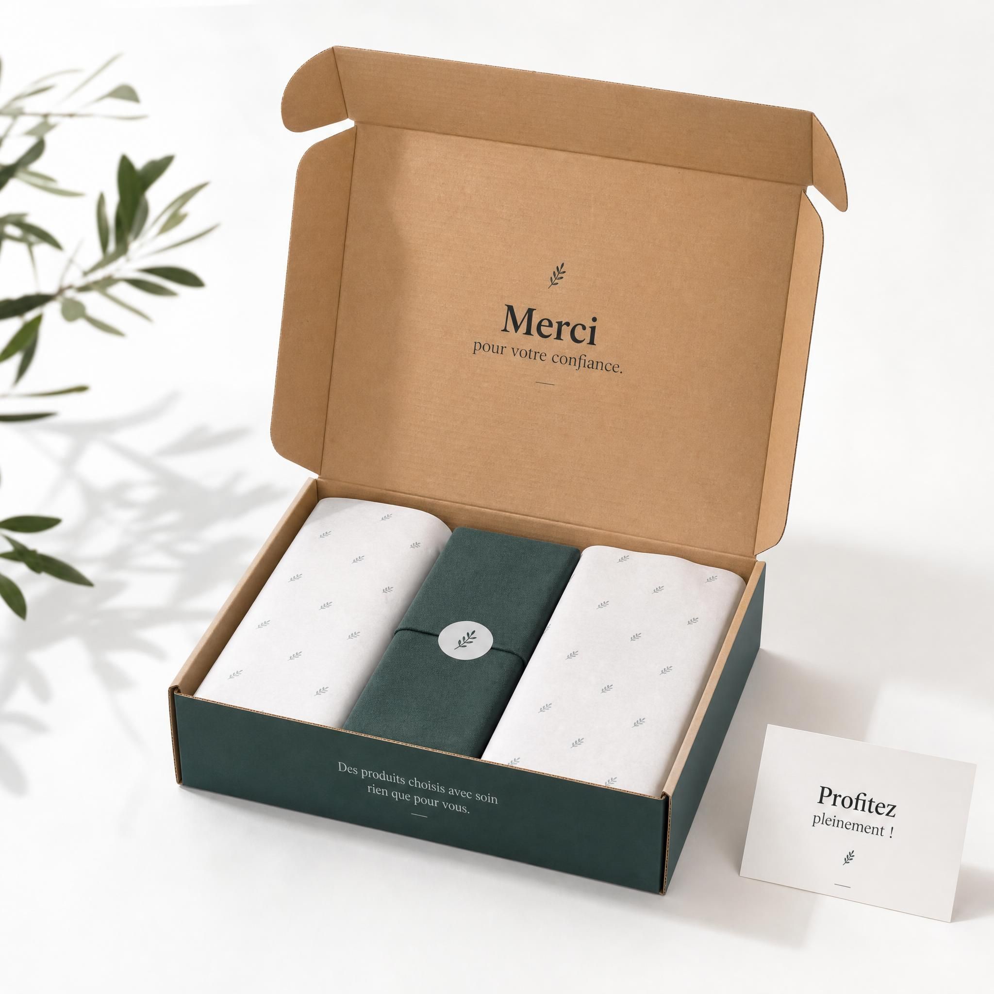 Expérience unboxing packaging personnalisé startup e-commerce - boîte premium ouverte sur fond blanc lumière naturelle