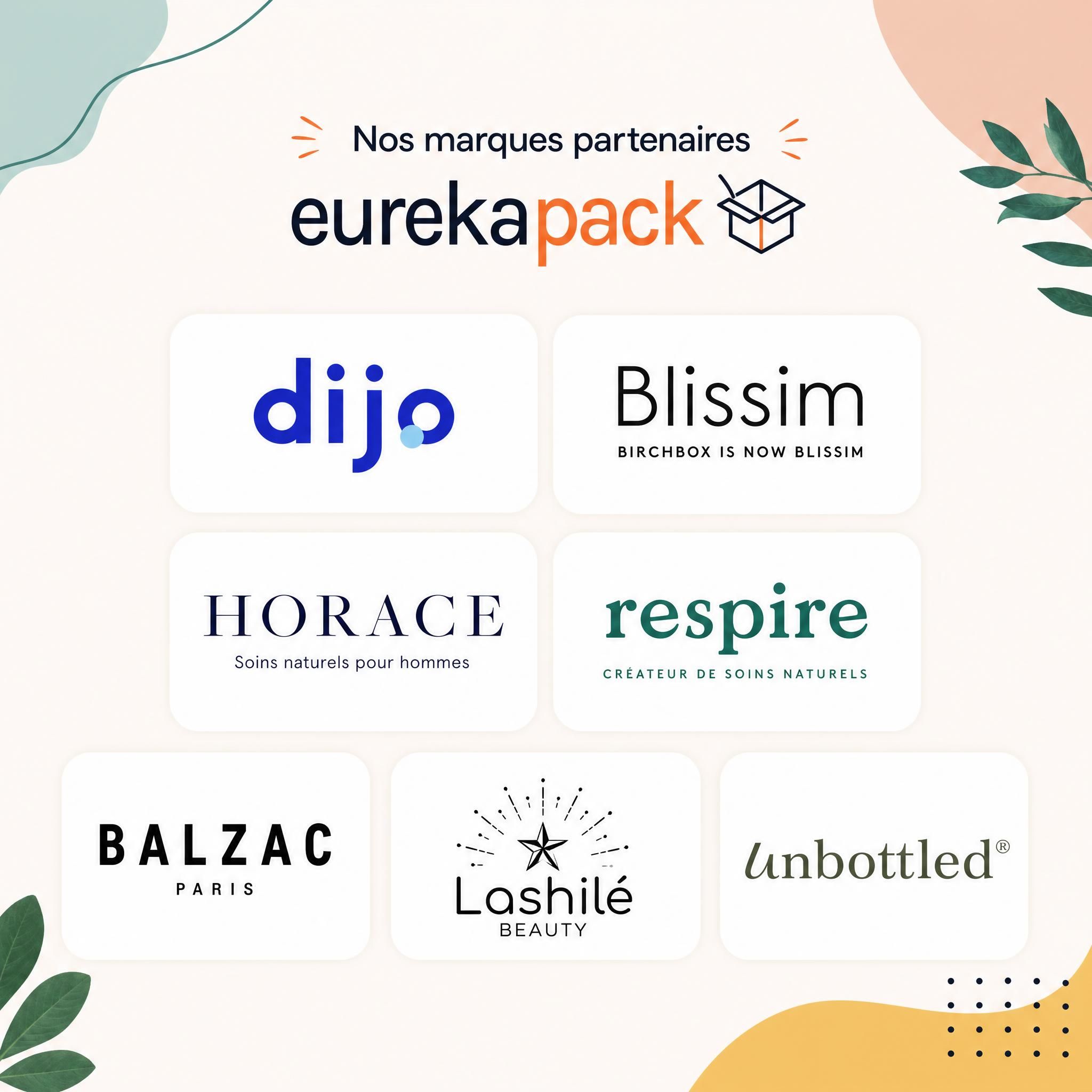 Mosaïque des logos marques partenaires Eurekapack Dijo Blissim Horace Respire Balzac Paris Lashilé Unbottled