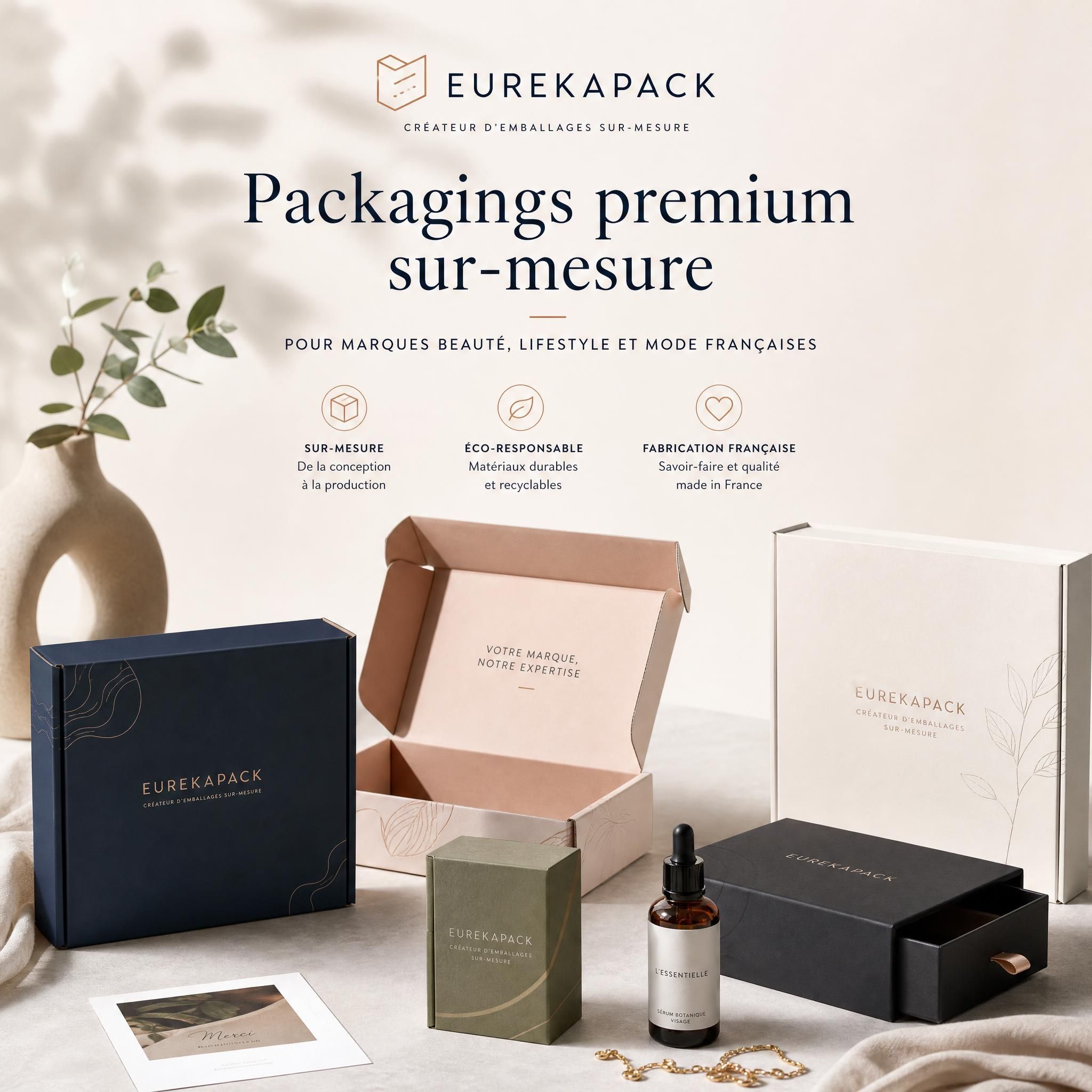 Packagings premium e-commerce sur-mesure Eurekapack pour marques beauté lifestyle et mode françaises