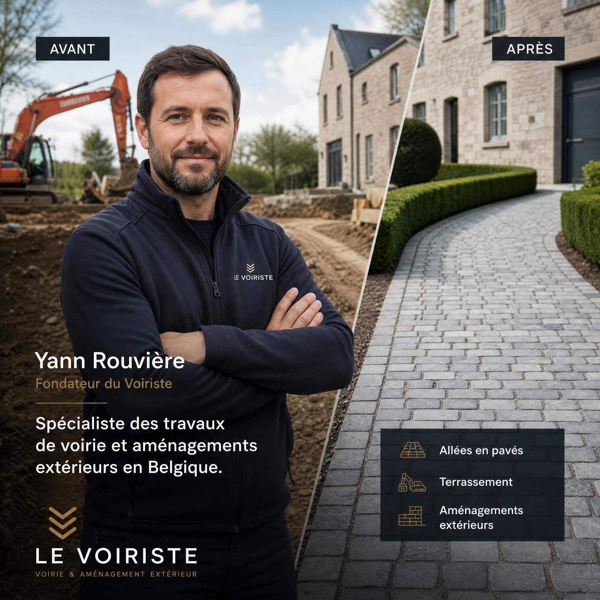 Yann Rouvière fondateur du Voiriste devant un chantier de voirie belge — allée en pavés avant/après terrassement et aménagement extérieur Belgique