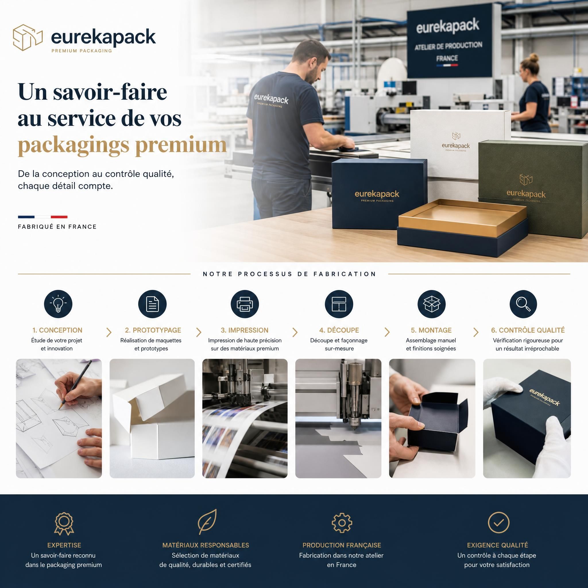 Processus de fabrication et contrôle qualité packaging premium Eurekapack atelier production France