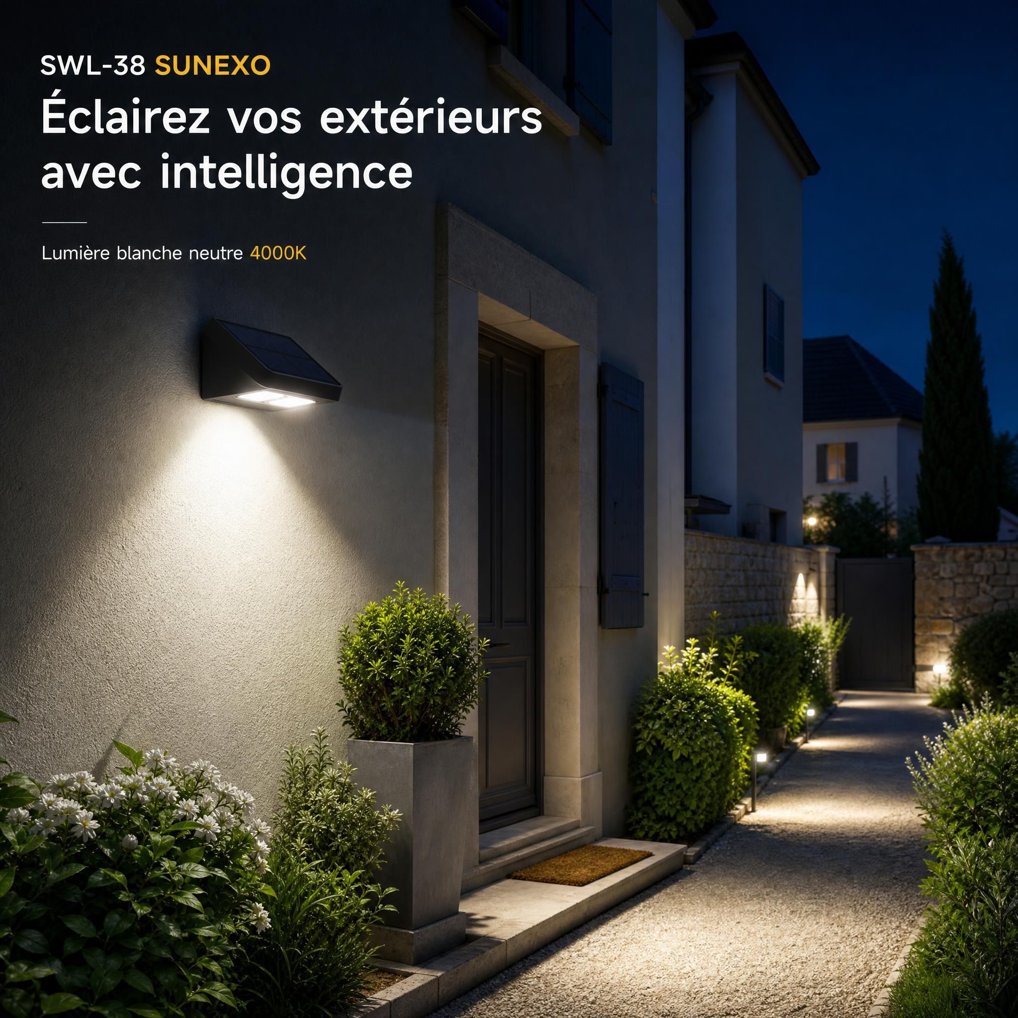 Applique murale solaire SWL-38 Sunexo installée à l'entrée d'une maison française, éclairant une allée de jardin la nuit avec sa lumière blanche neutre 4000K