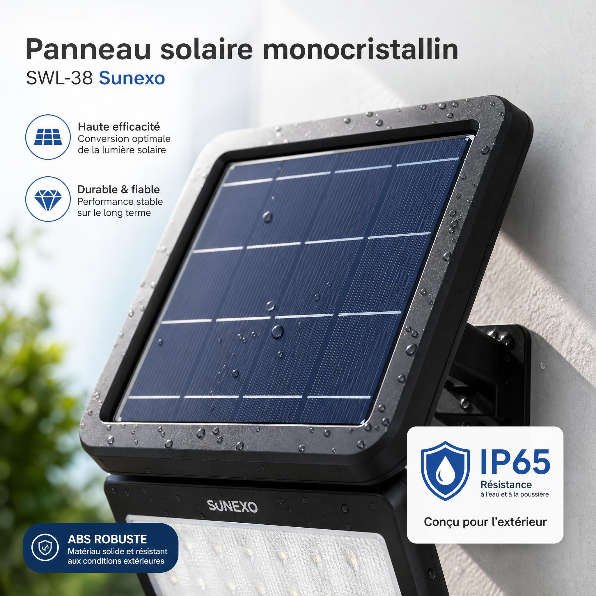 Gros plan sur le panneau solaire monocristallin de l'applique SWL-38 Sunexo et son design en ABS robuste certifié IP65