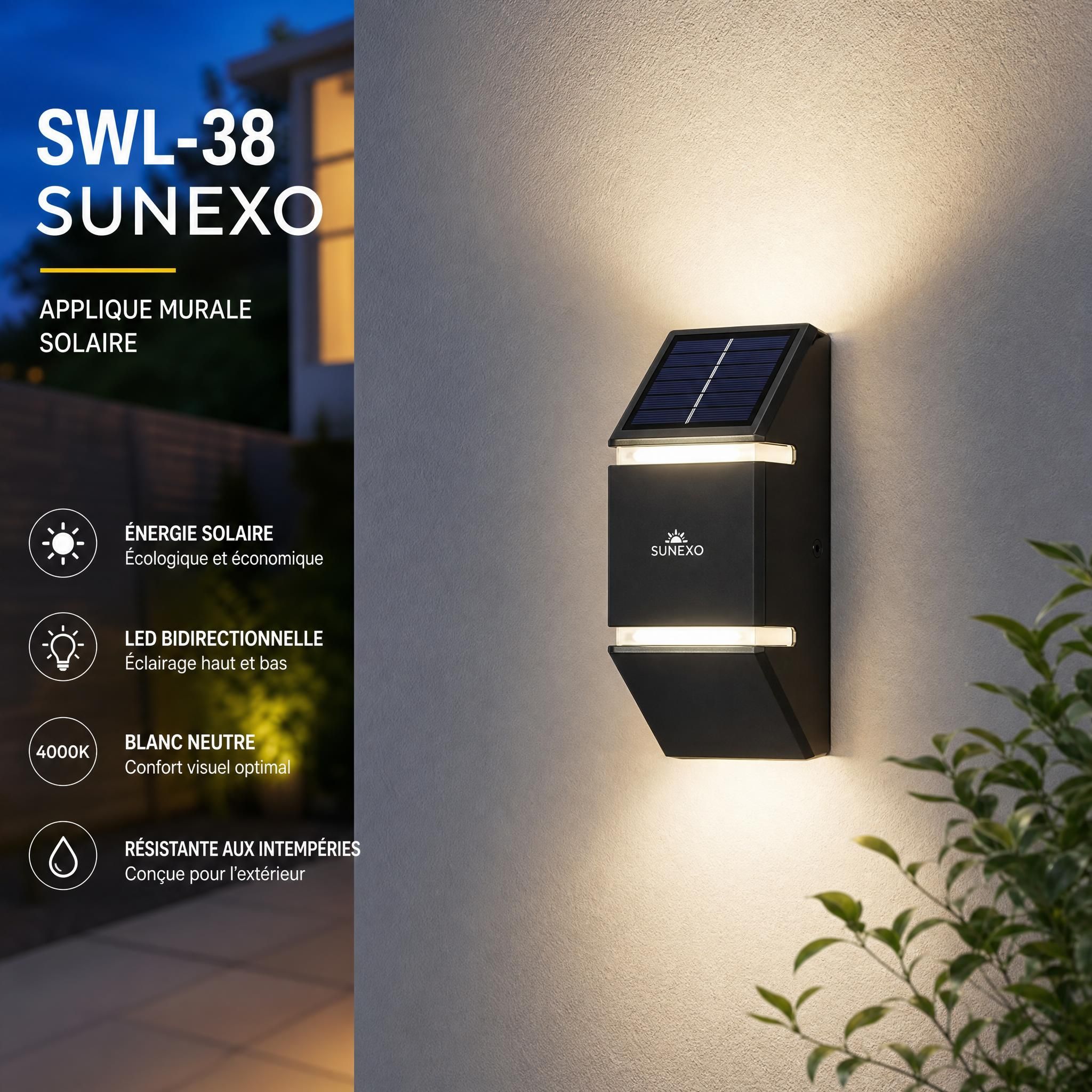 Applique murale solaire SWL-38 Sunexo montée sur mur extérieur, éclairage LED bidirectionnel blanc neutre 4000K