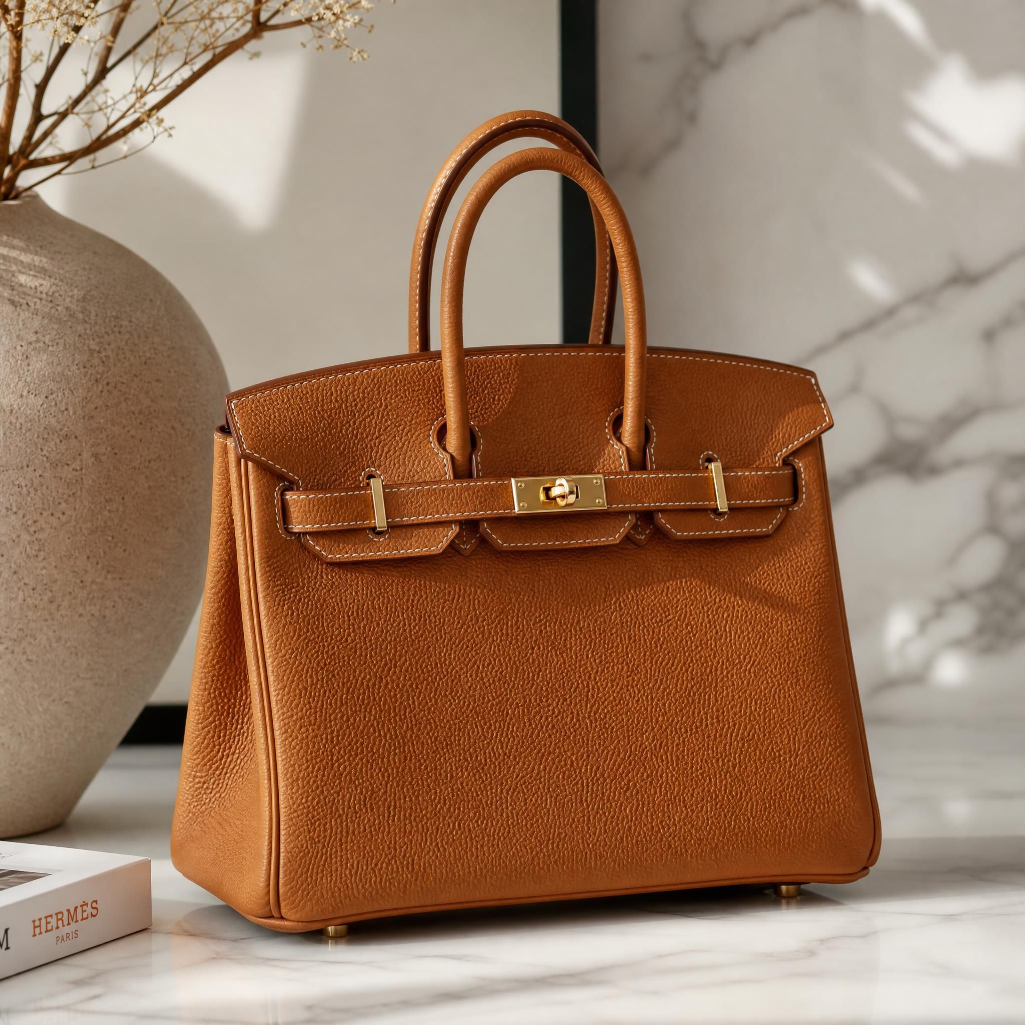 Sac Hermès Birkin en cuir togo caramel posé sur une surface en marbre blanc, lumière naturelle douce, esthétique luxe