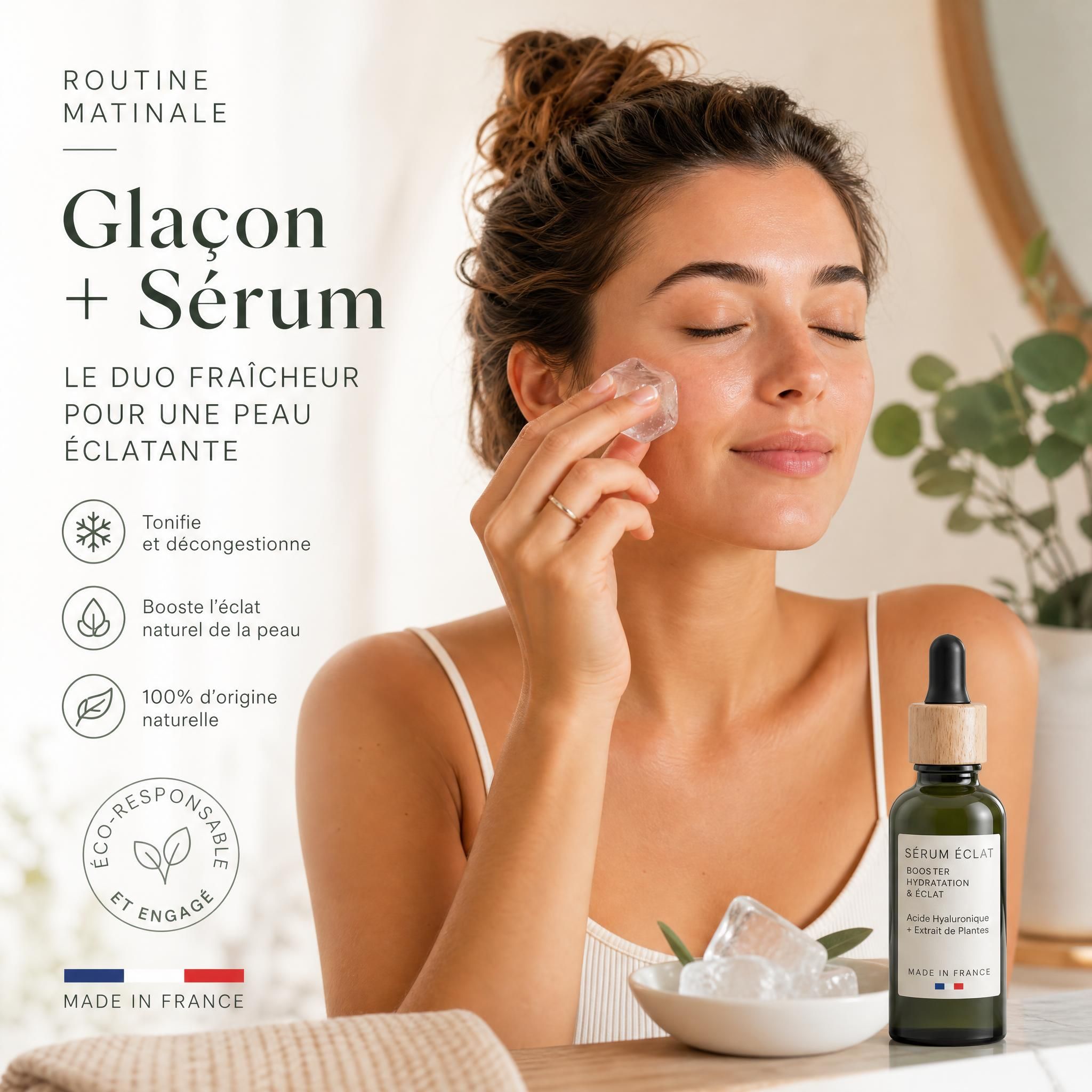 Femme appliquant un glaçon sur son visage dans une routine skincare matinale avec un sérum made in France éco-responsable