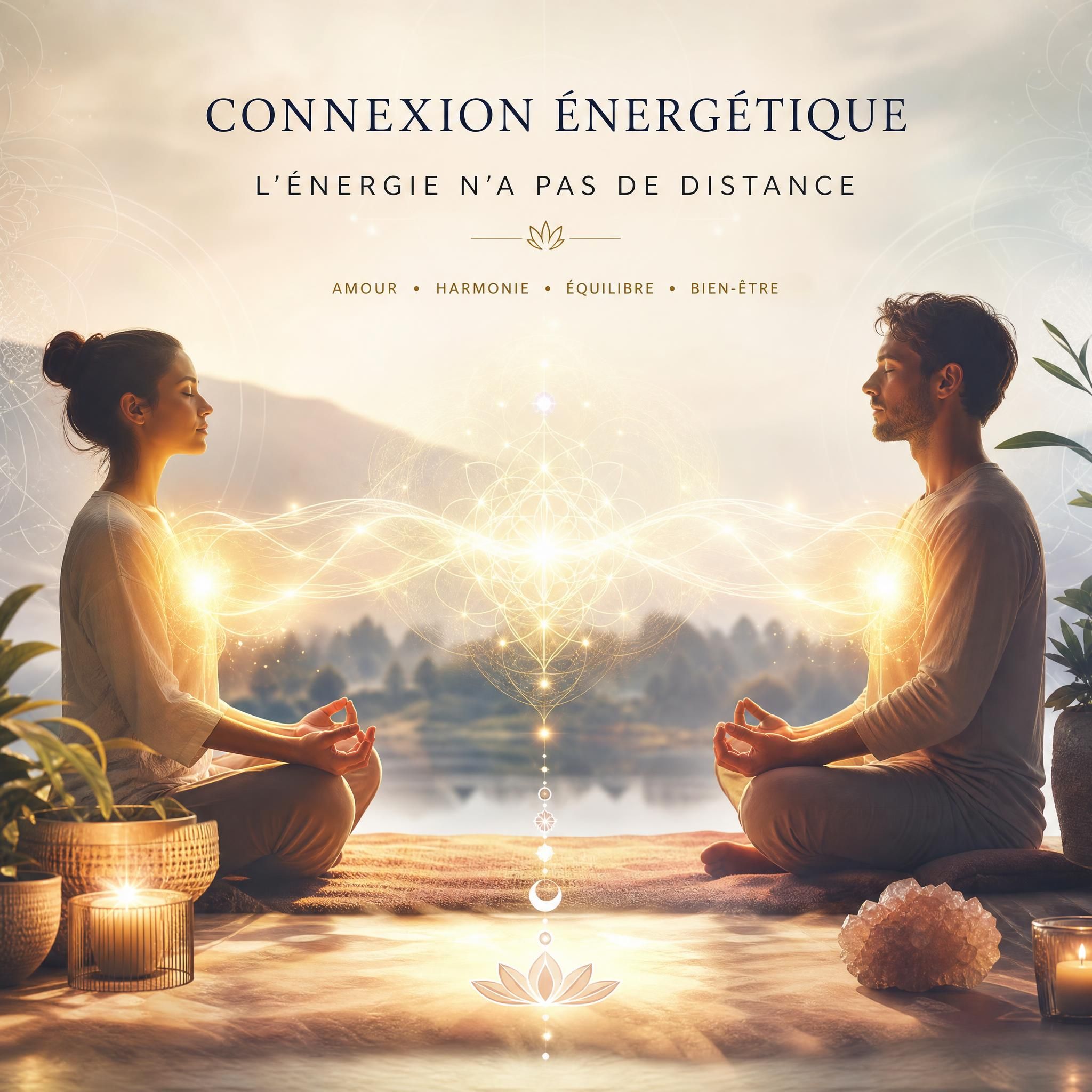 Visuel inspirant représentant une connexion énergétique à distance, énergie lumineuse entre deux personnes, symboles spirituels et bien-être holistique