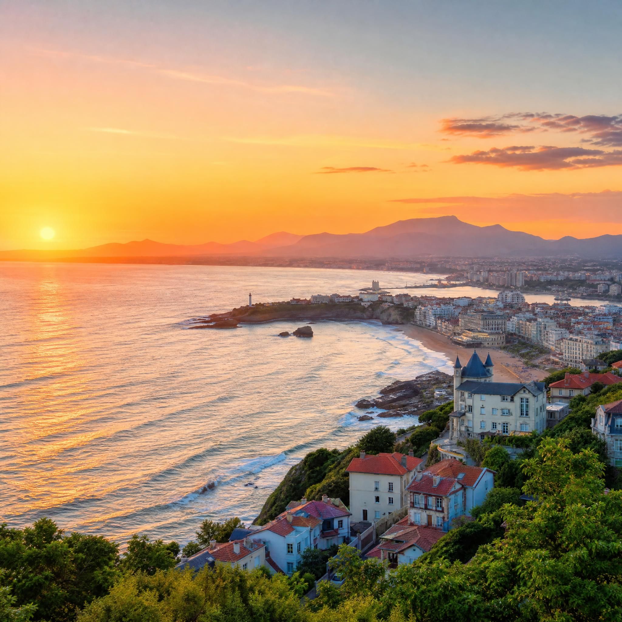 Vue panoramique de la côte basque avec Biarritz, Anglet et Bayonne au coucher du soleil, océan Atlantique en arrière-plan