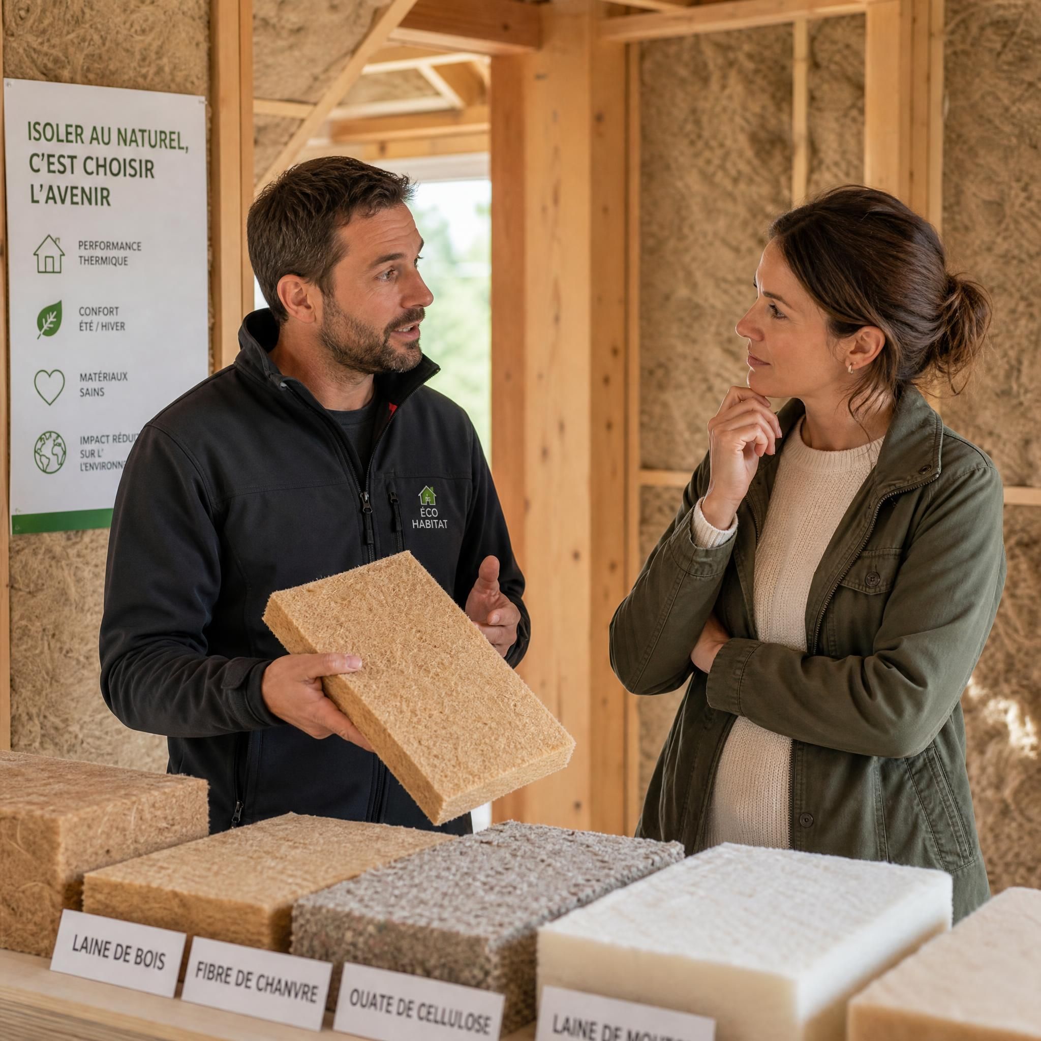 Artisan professionnel en train de conseiller un propriétaire sur le choix d'un isolant naturel lors d'une visite de chantier