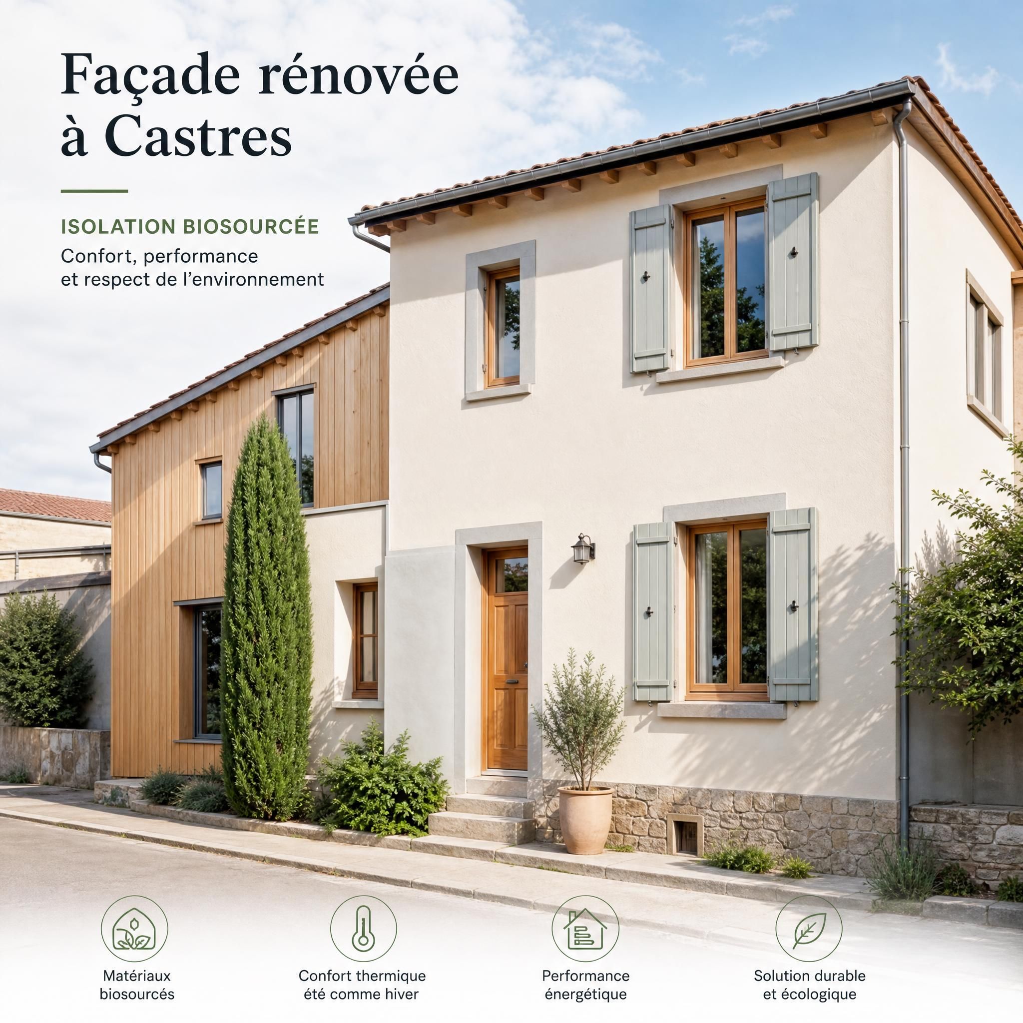 Façade d'une maison rénovée à Castres avec isolation biosourcée, résultat final propre et soigné